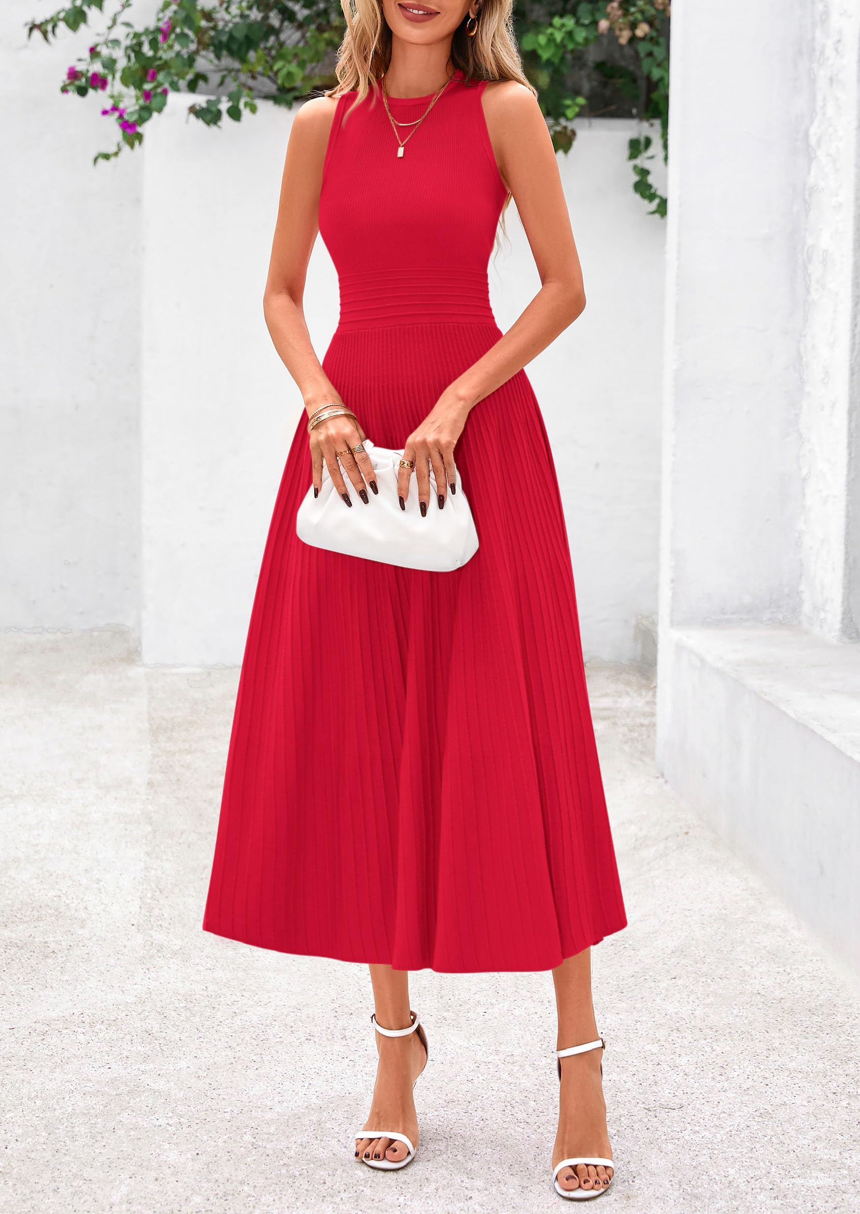 Women's Summer Pleated Midi Work Dress,Red,S