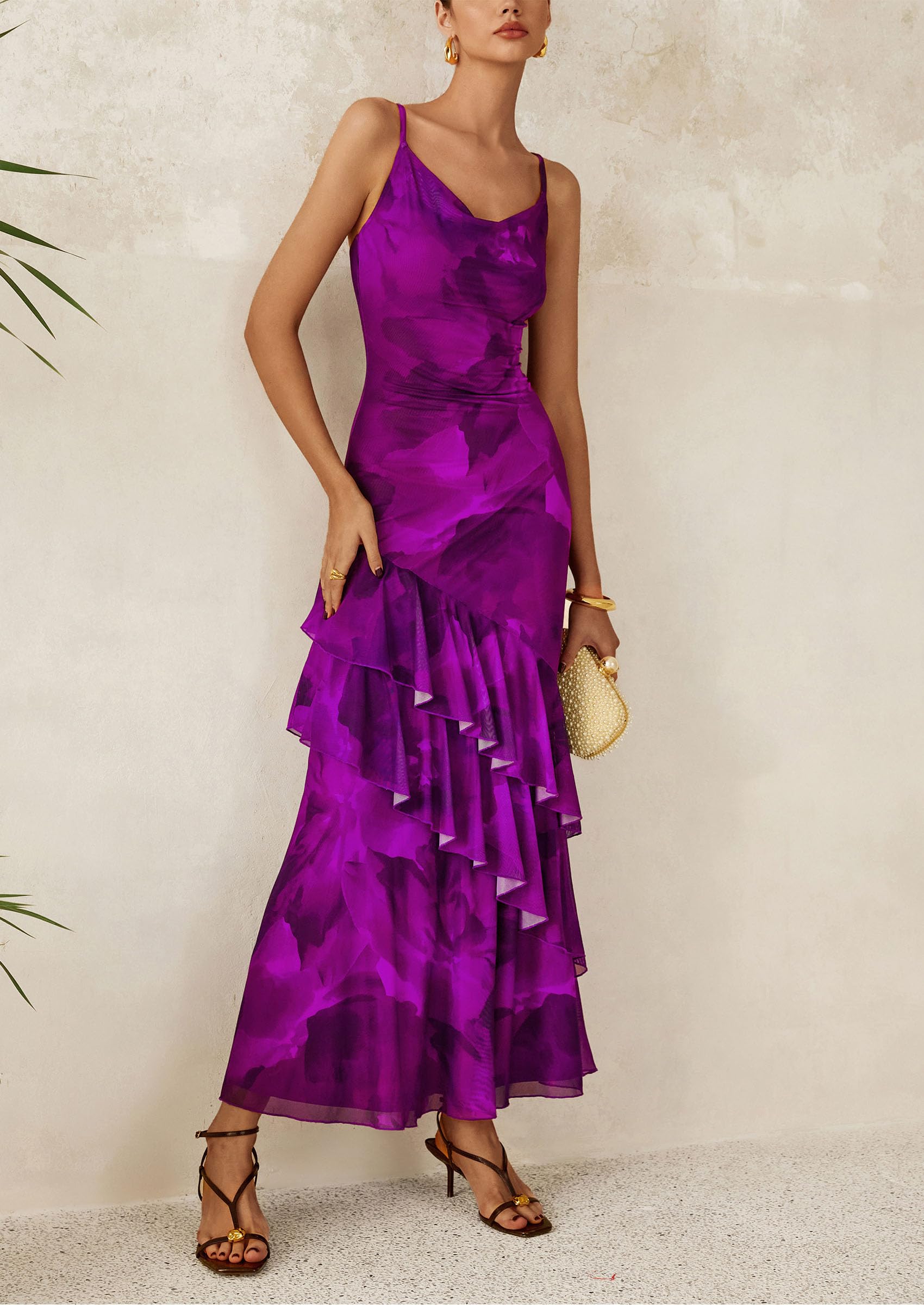 Women's Boho Floral Tiered Maxi Dress, Print Purple,XS