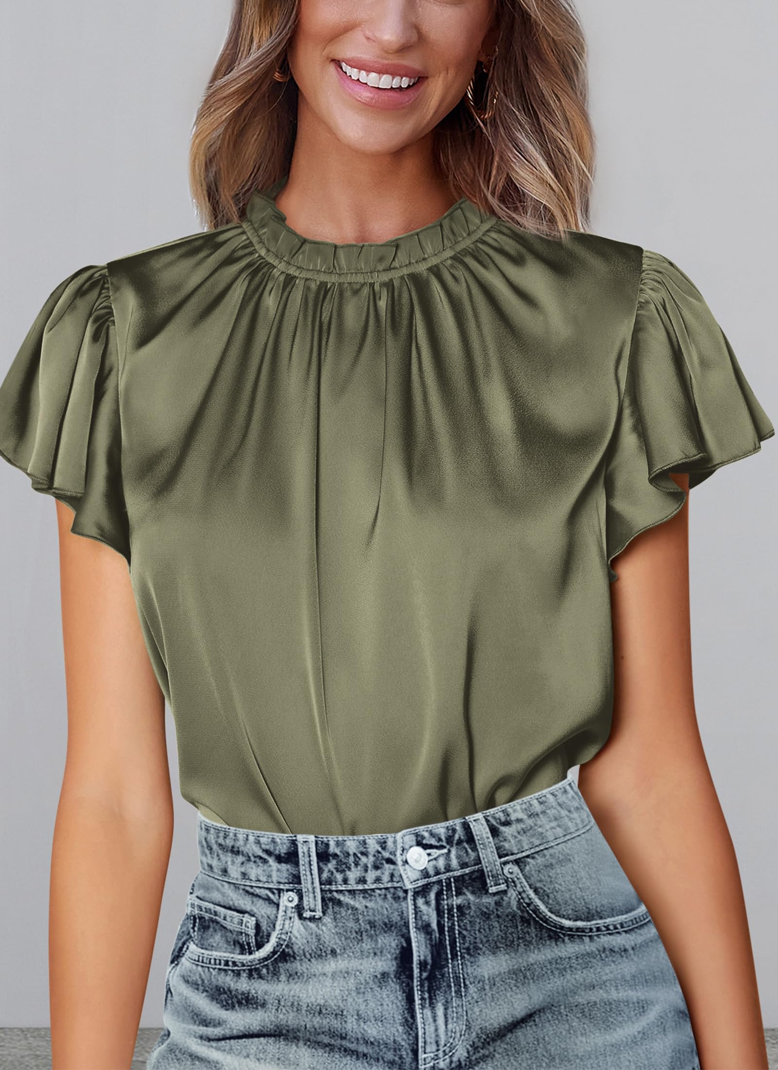 Women's Satin Tops Business Casual Work Blouses, Army Green,L