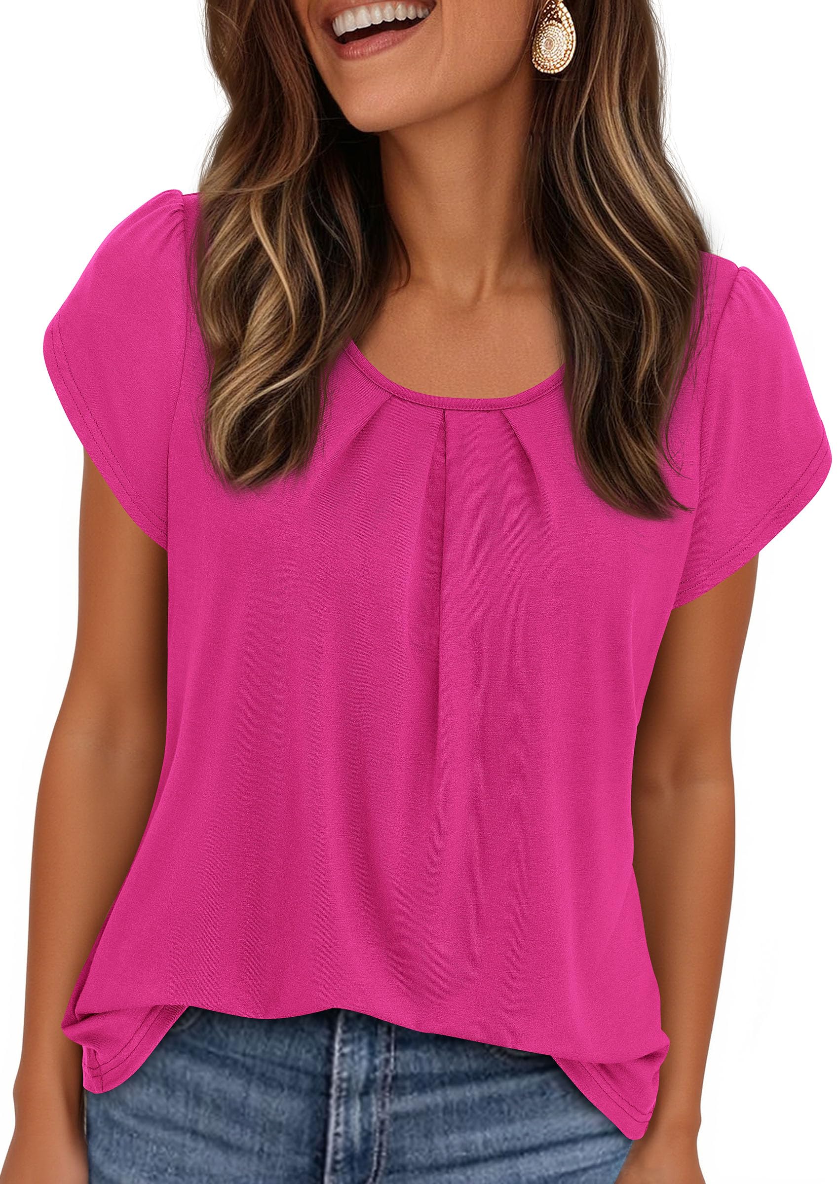 Women's Summer Short Sleeve Tops Casual Blouses,Hot Pink,S