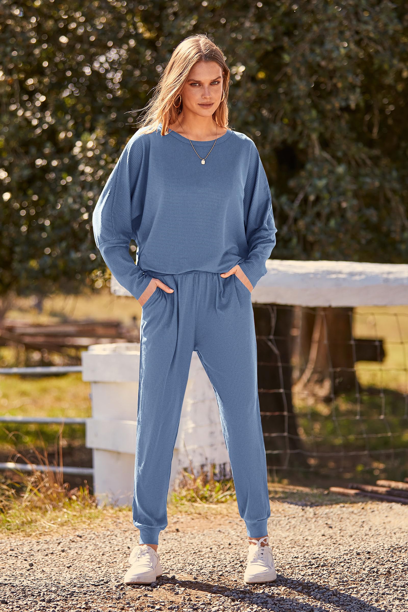 Women's 2 Piece Fall Outfits Matching Ribbed Knit Lounge Sets
