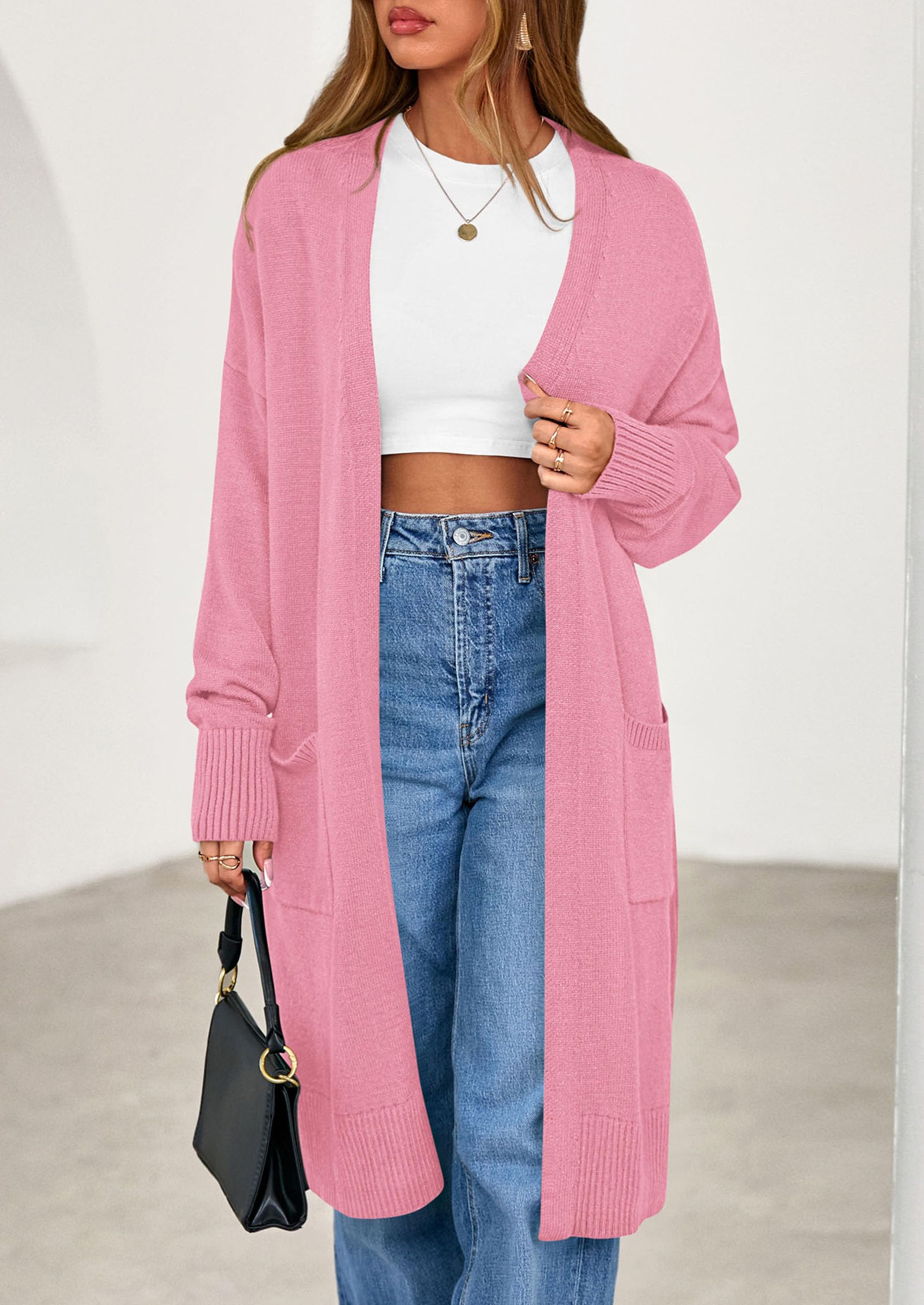 Women's Oversized Open Front Long Knit Cardigan,Pink,M