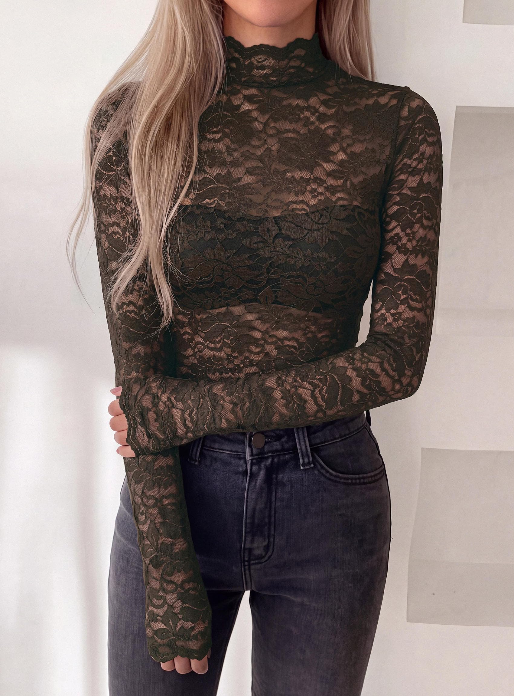 Womens Lace Long Sleeve Tops Sheer Mesh Blouse Coffee,S