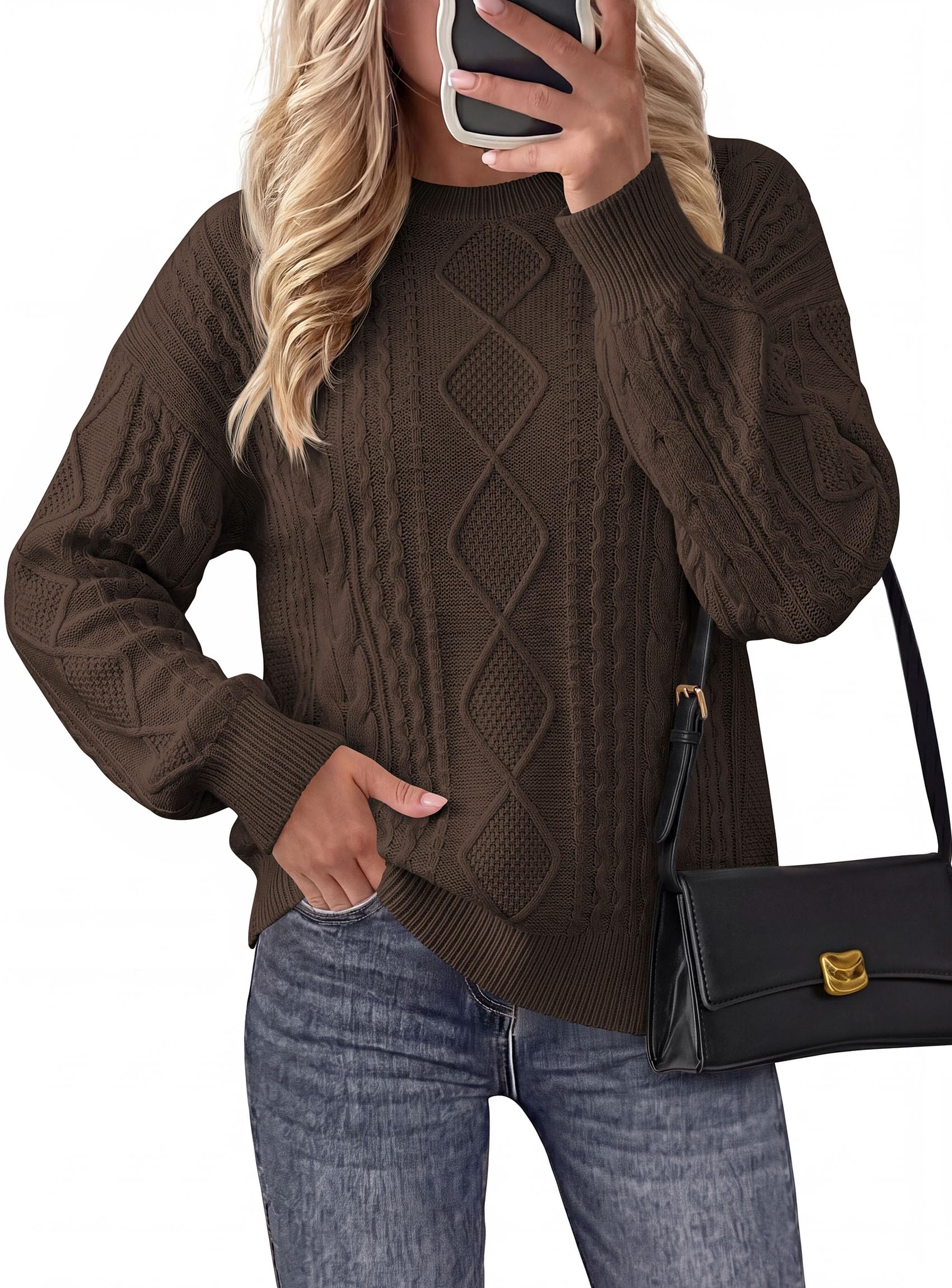 Women's Crewneck Cable Knit Sweater Pullover Tops Coffee