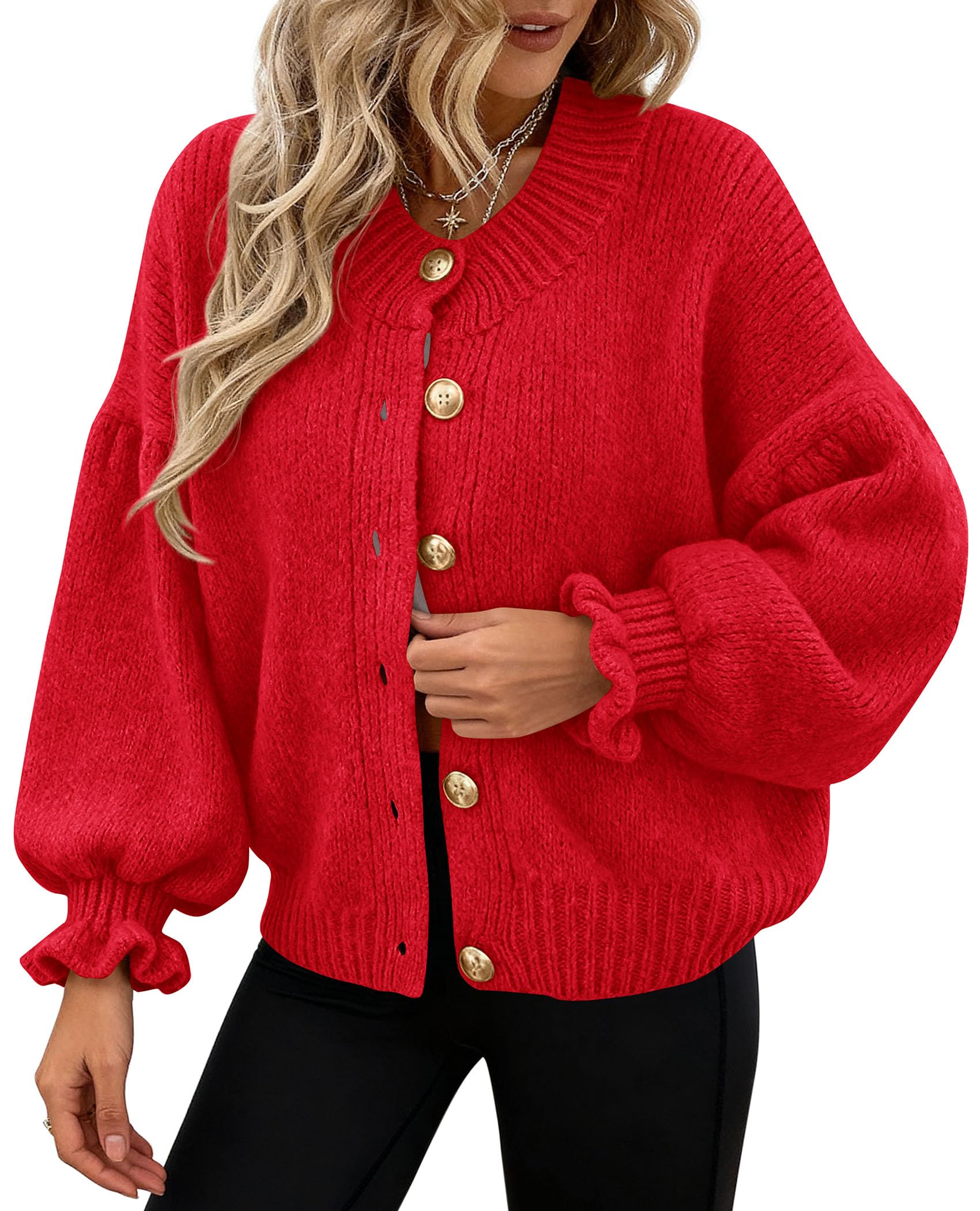 Womens Long Sleeve Chunky Knit Cardigan Sweaters,Red,S