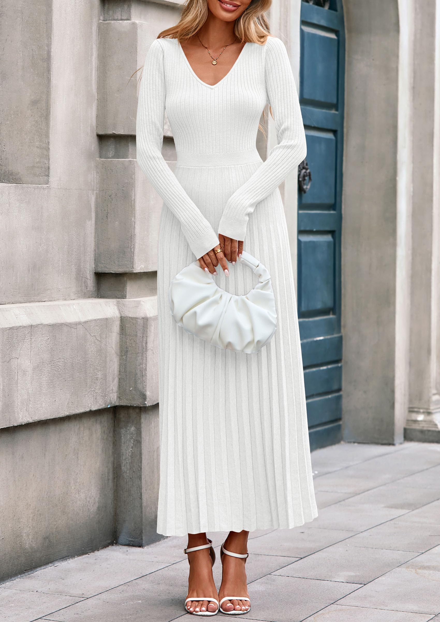 Sweater Dress Women Long Sleeve Maxi Flowy Pleated Dresses
