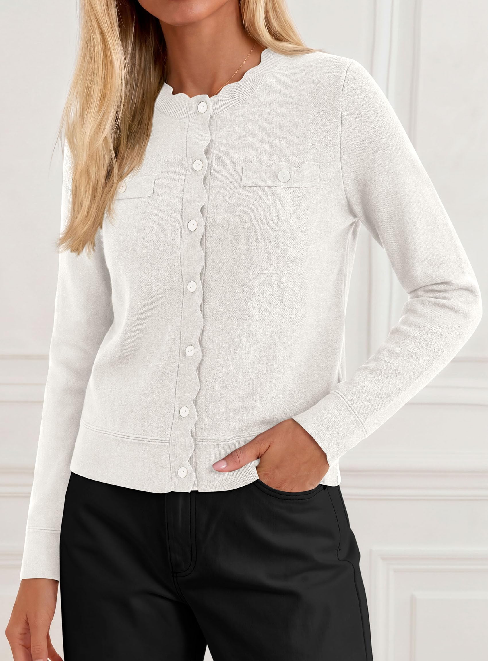 Womens Lightweight Cardigan Sweaters Scalloped Trim Fall Tops