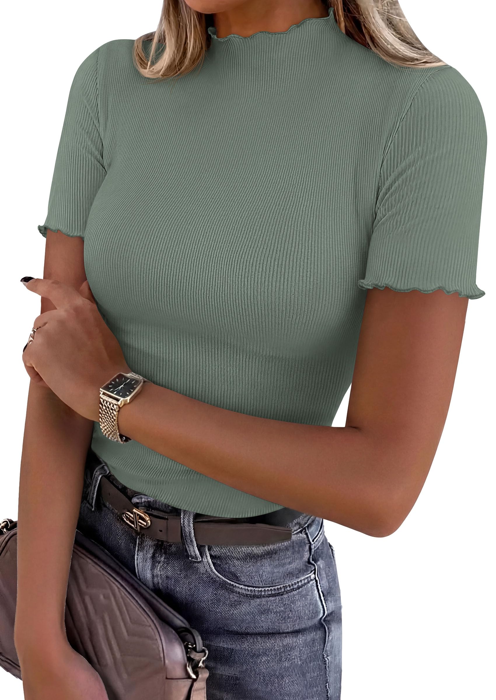 Women's Short Sleeve Ribbed Knit T Shirts, Sage Green,M