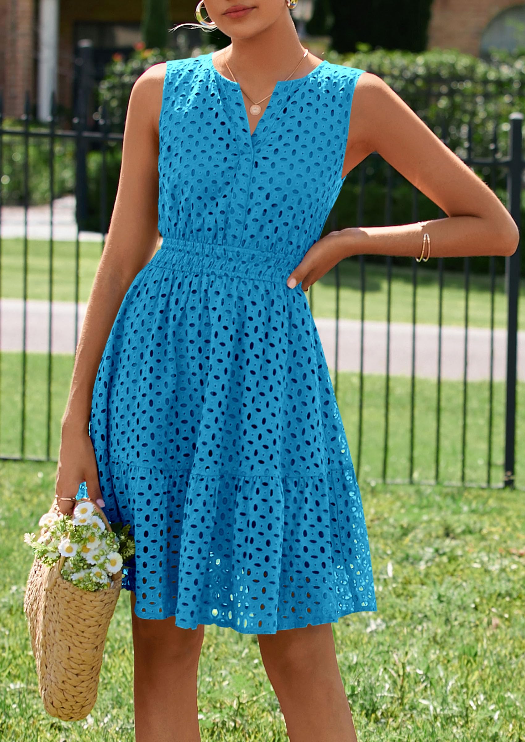 Women's Summer Eyelet A Line Short Dresses,Lake Blue,S