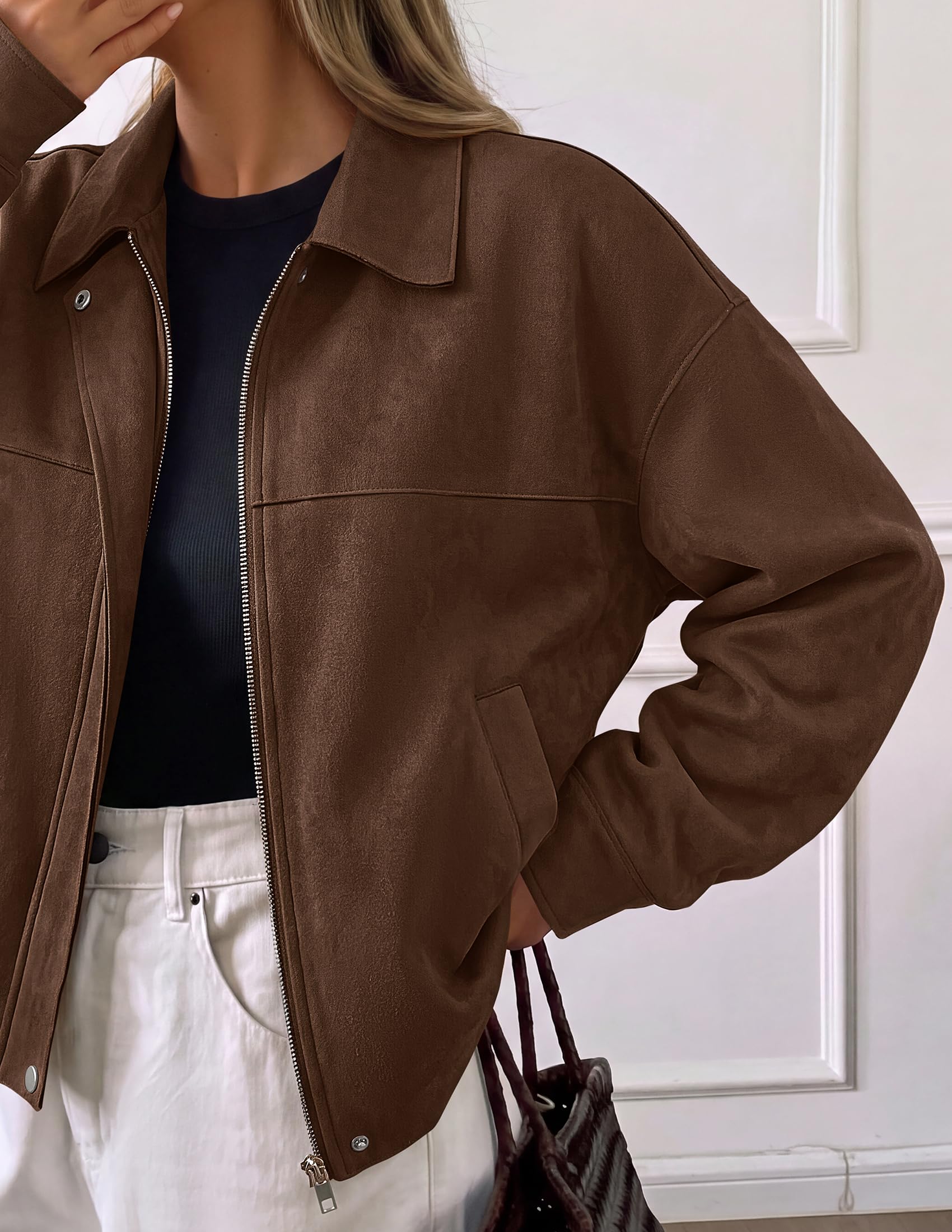 Women's Faux Suede Cropped Fall Jackets,Dark Brown,S