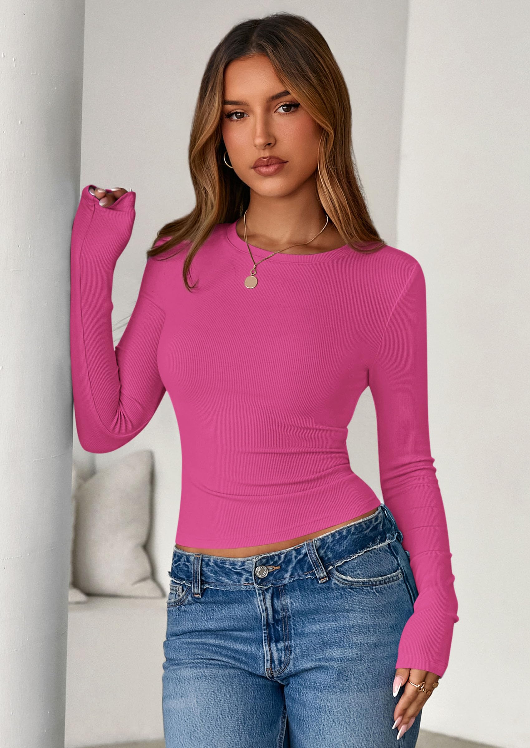 Women's Fall Long Sleeve Shirts Basic Tees (Hot Pink,XS)
