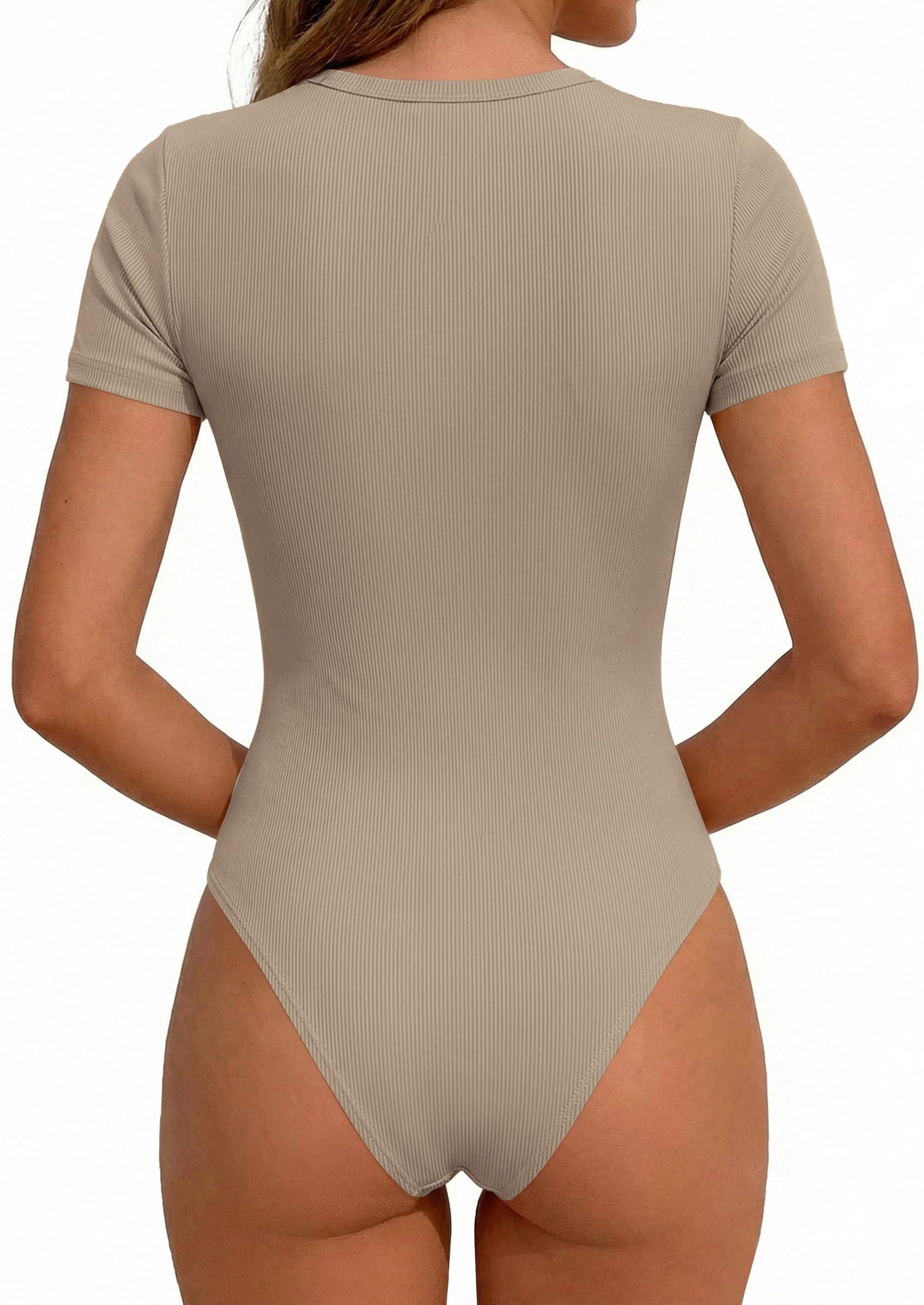 Body Suits for Womens Short Sleeve Summer Tops, Light Khaki,XS