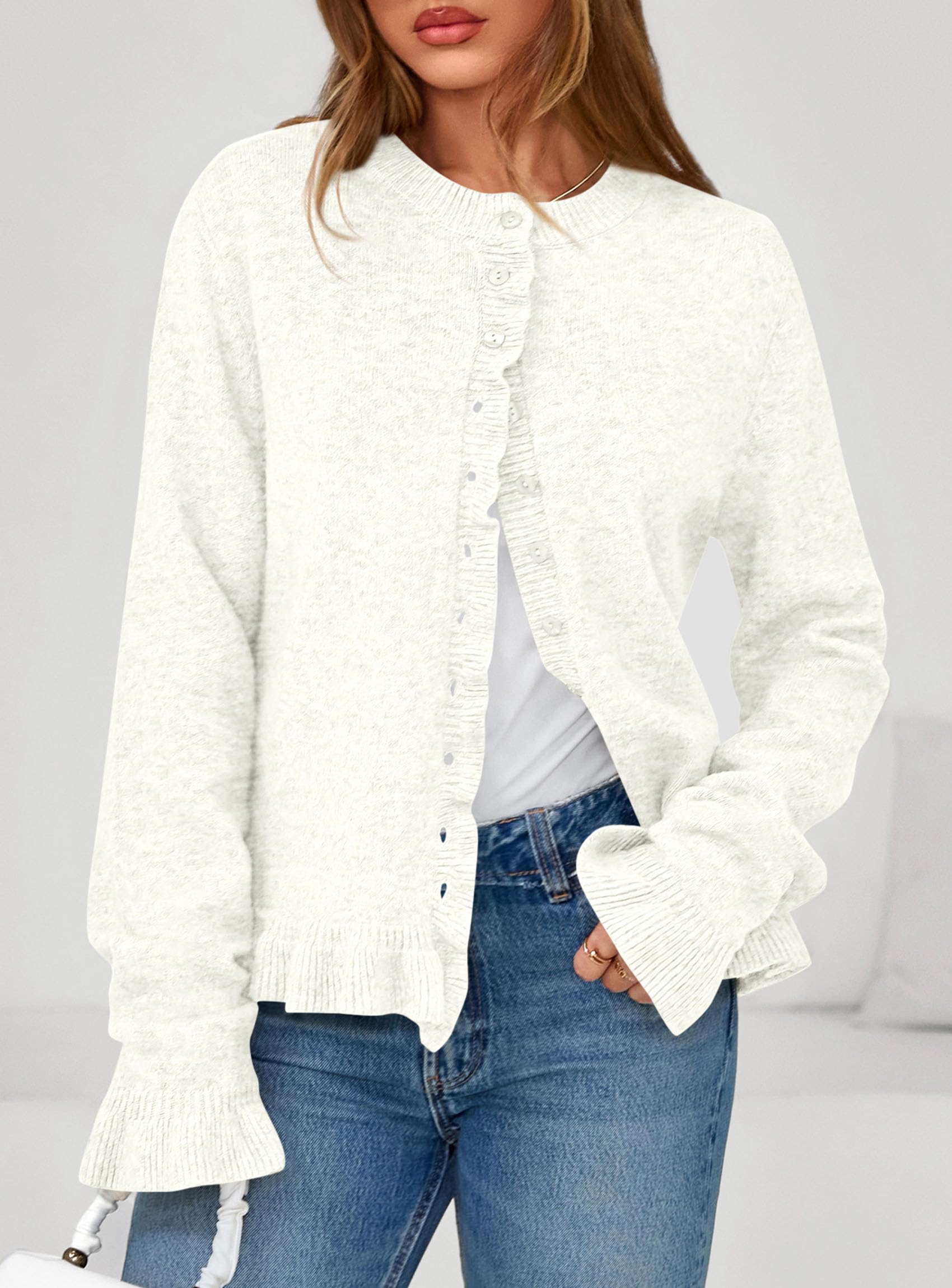 Womens Ruffle Button Down Cardigan Sweaters,White,S