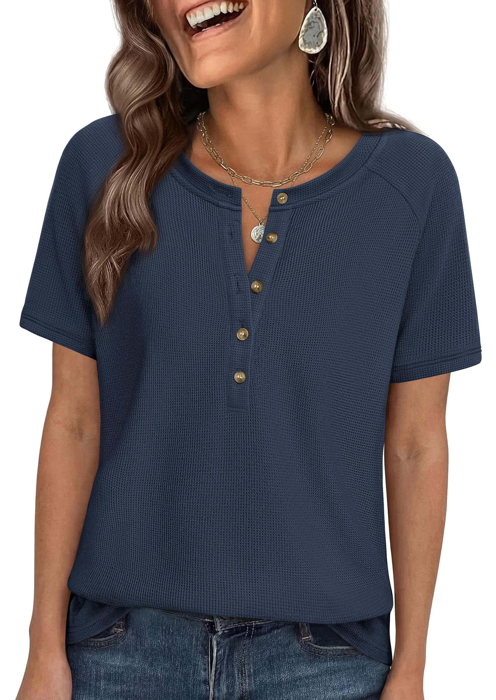 Women's Short Sleeve Waffle Knit Henley Shirts, Navy Blue,S