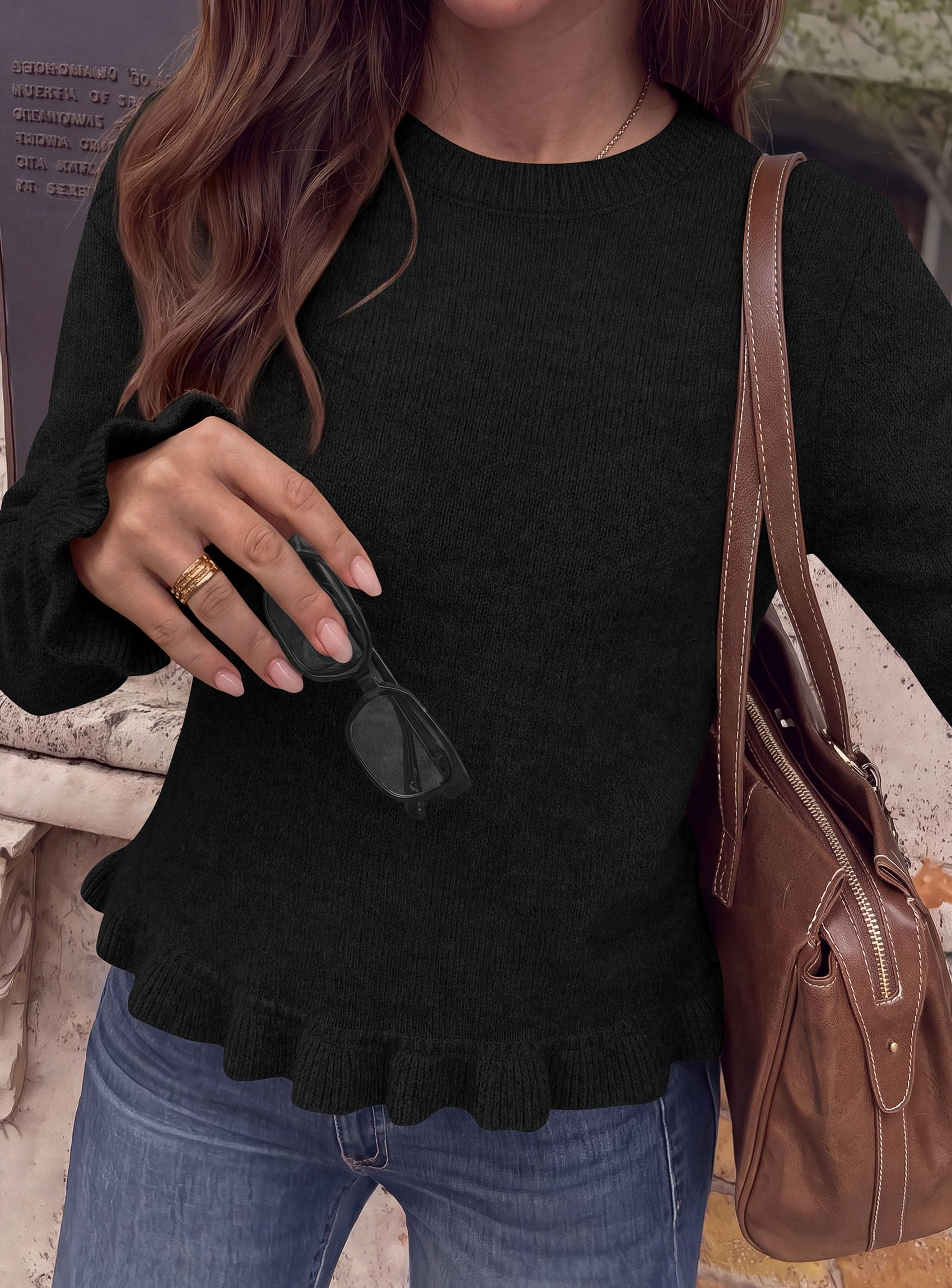 Women's Ruffle Sweaters Fall Fashion Cozy Knit Pullover Black