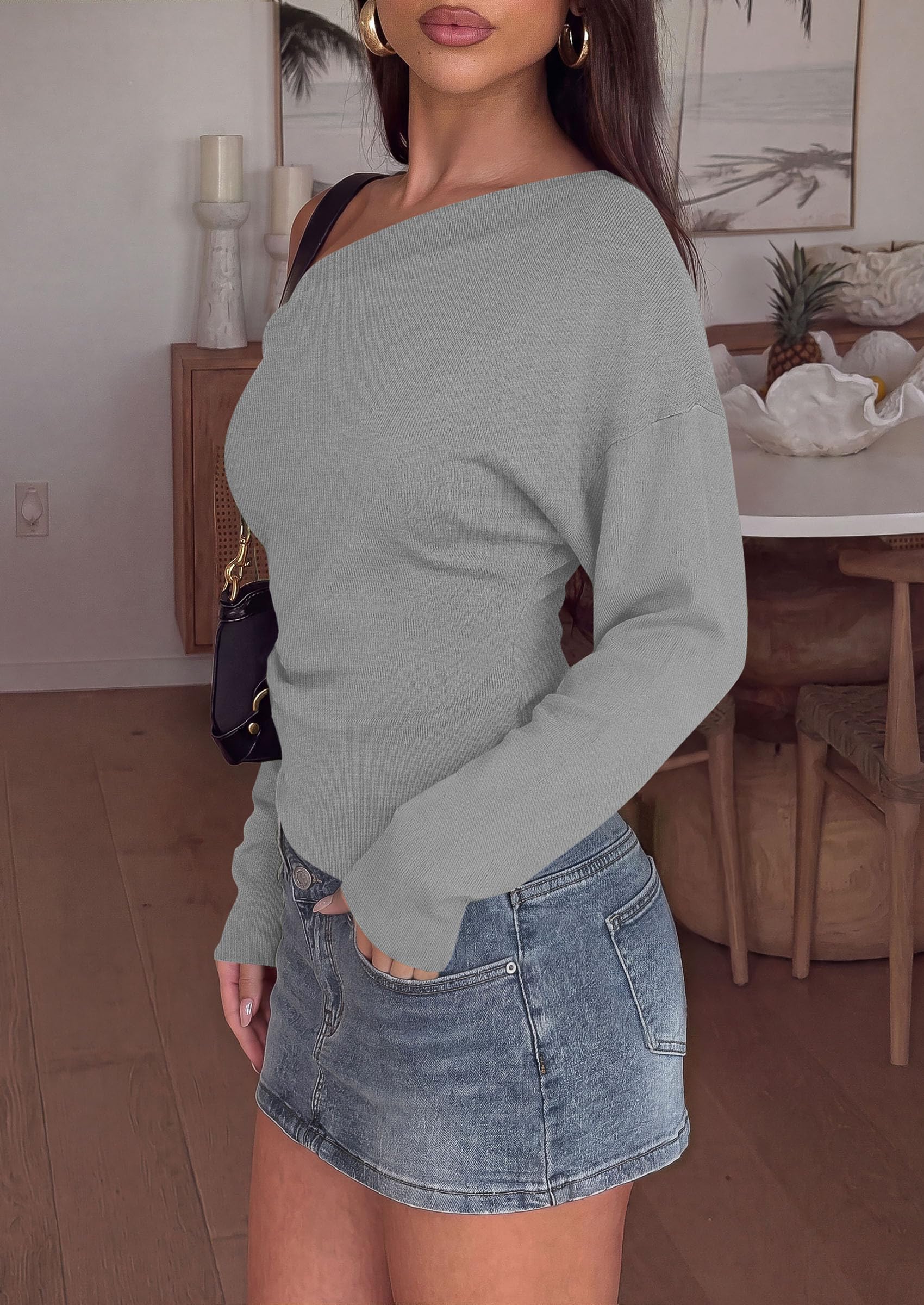 Womens Fall Long Sleeve Off Shoulder Sweater,Grey,S