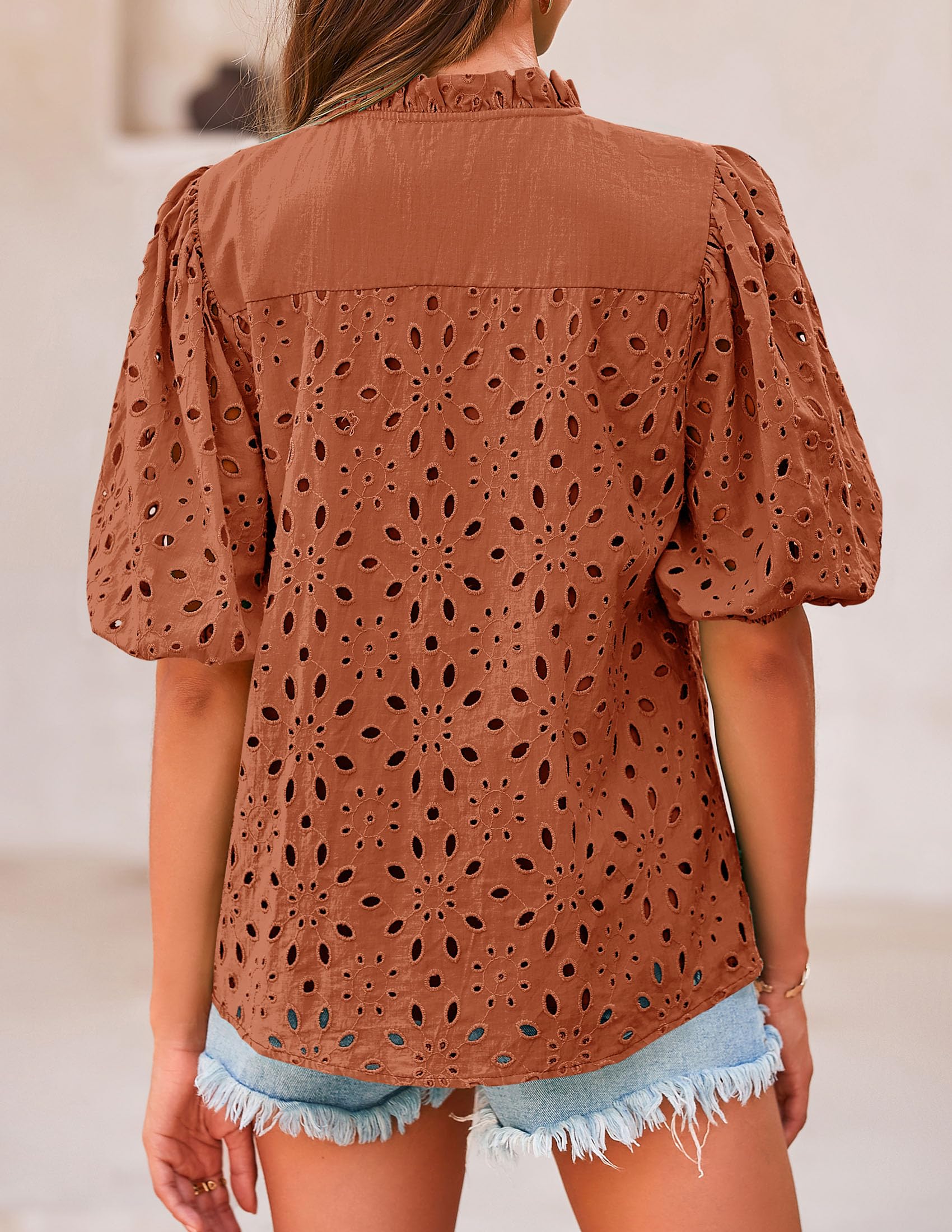 Womens Tops Boho Eyelet Puff Sleeve Blouse, Brick Red,S