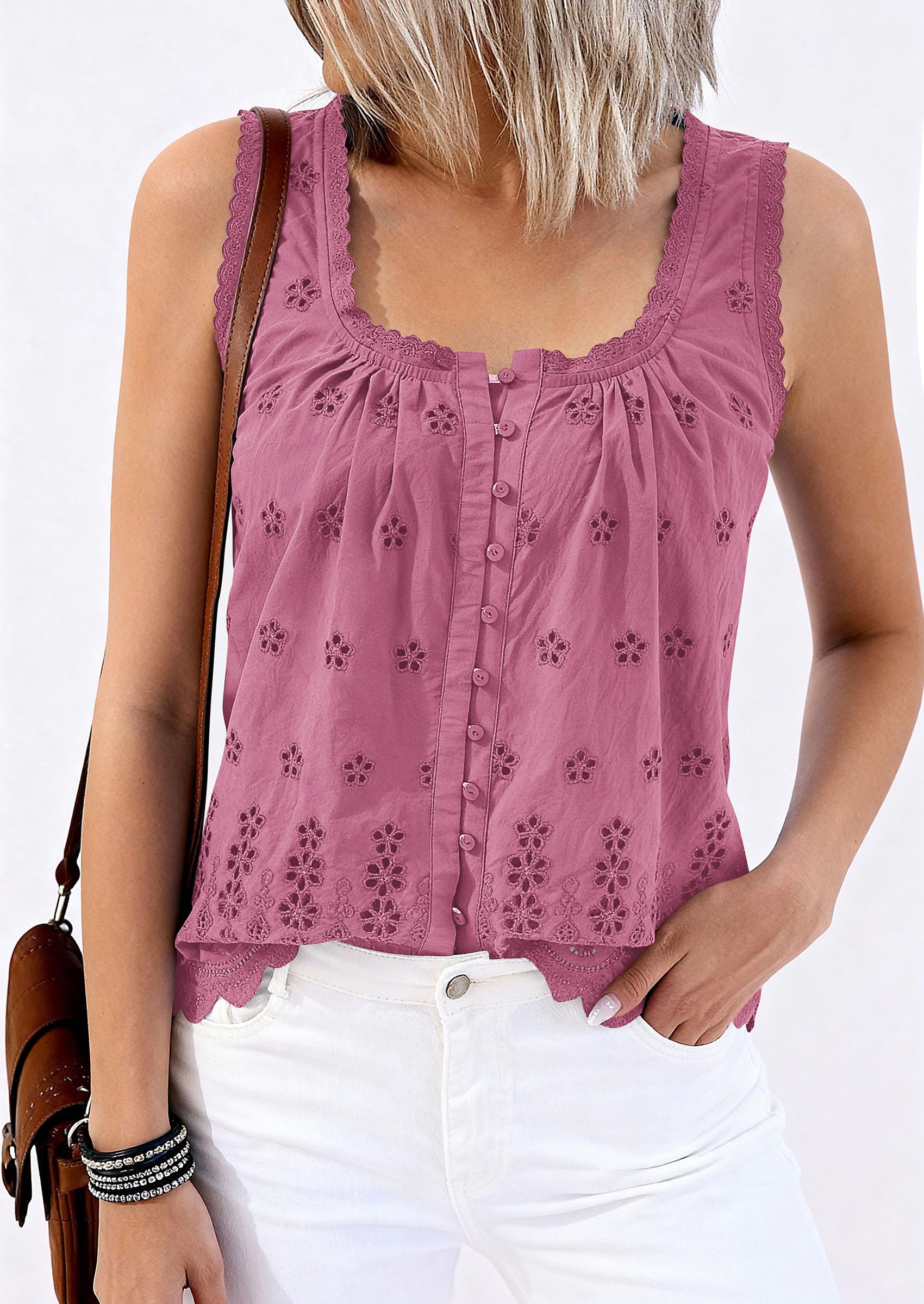 Women's Lace Tank Top Embroidery Eyelet Blouses,Dusty Pink,S