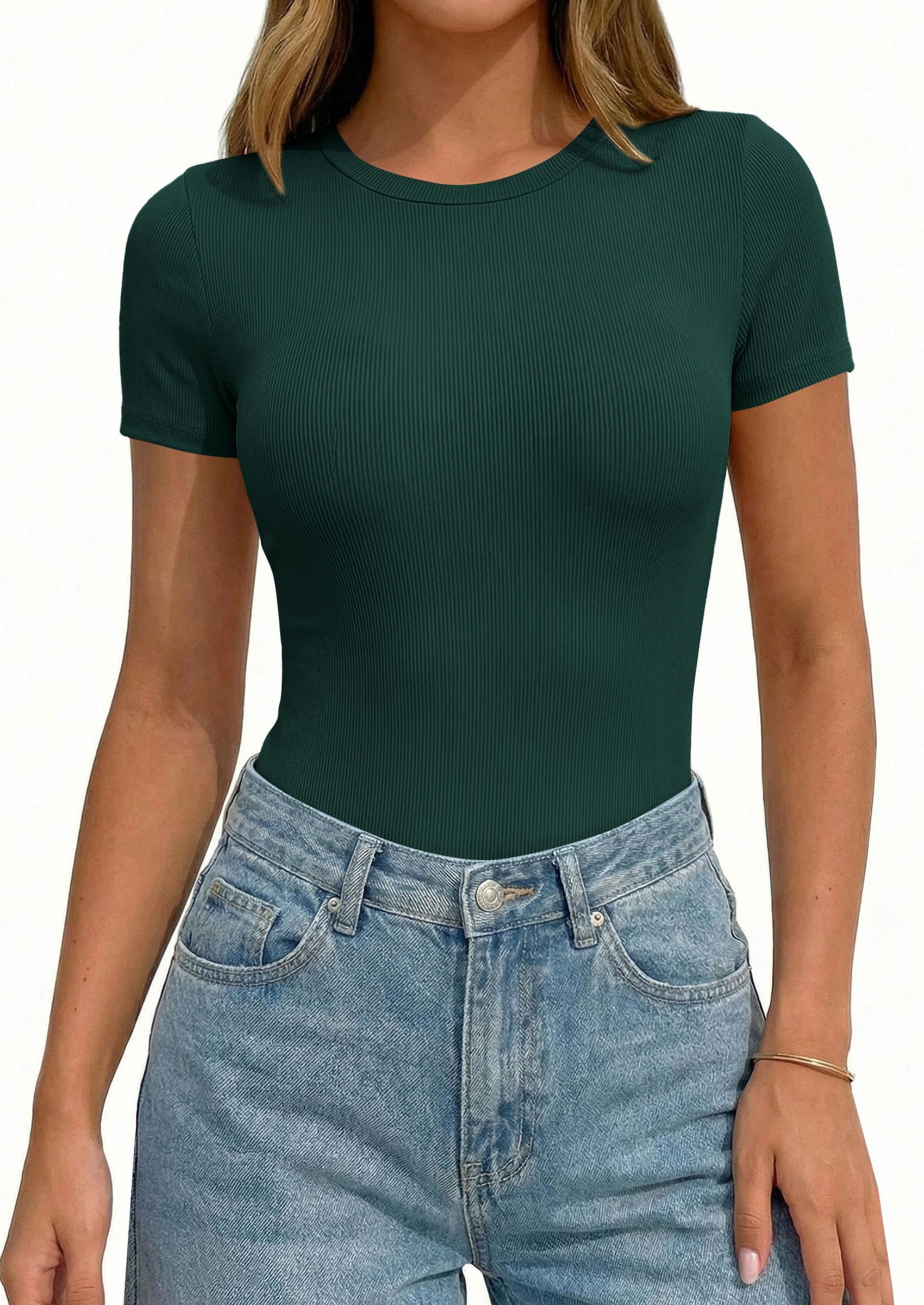 Body Suits for Womens Short Sleeve Summer Tops, Dark Green,XS