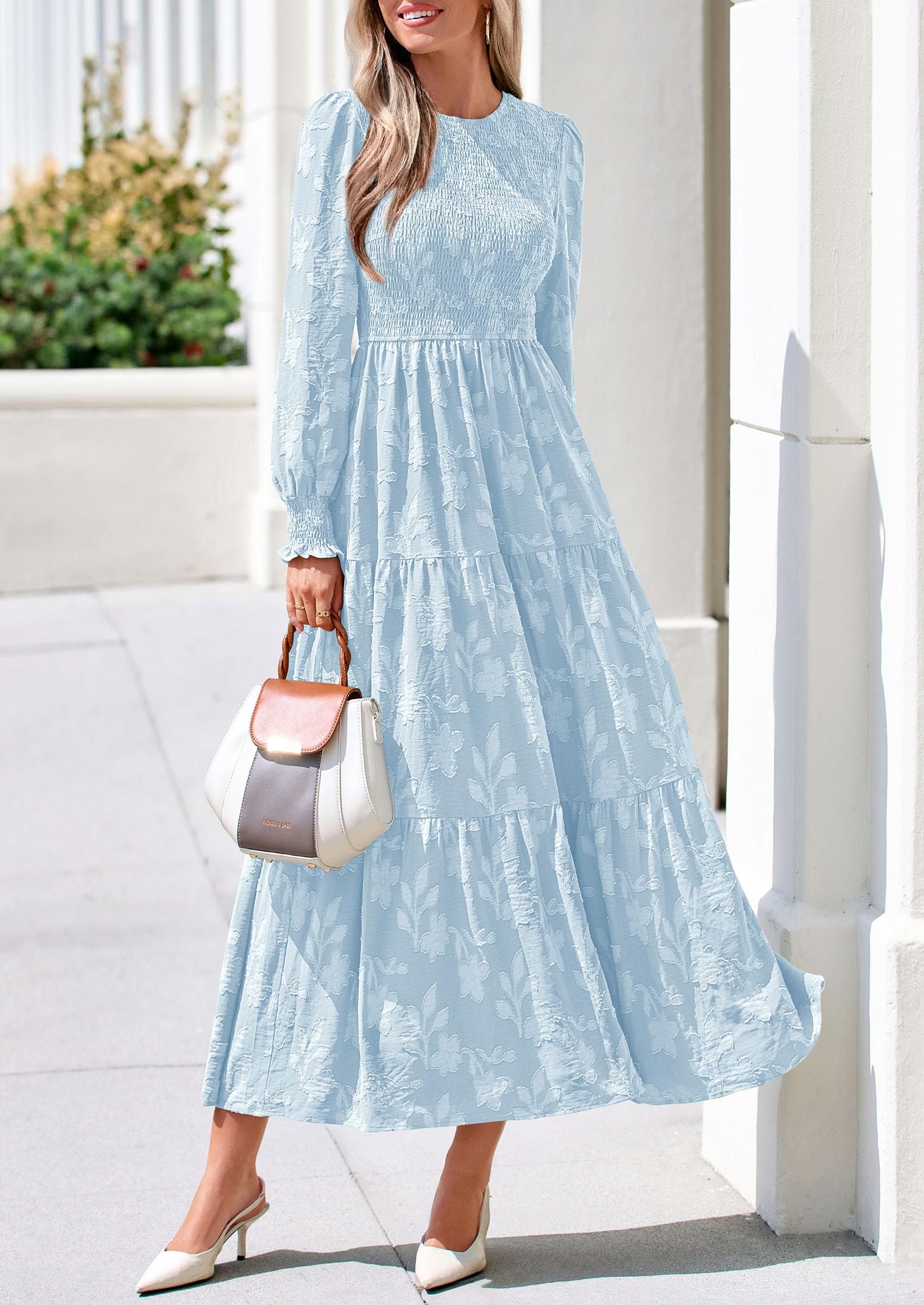 Fall Floral Long Sleeve Wedding Guest Dress for Women Pockets