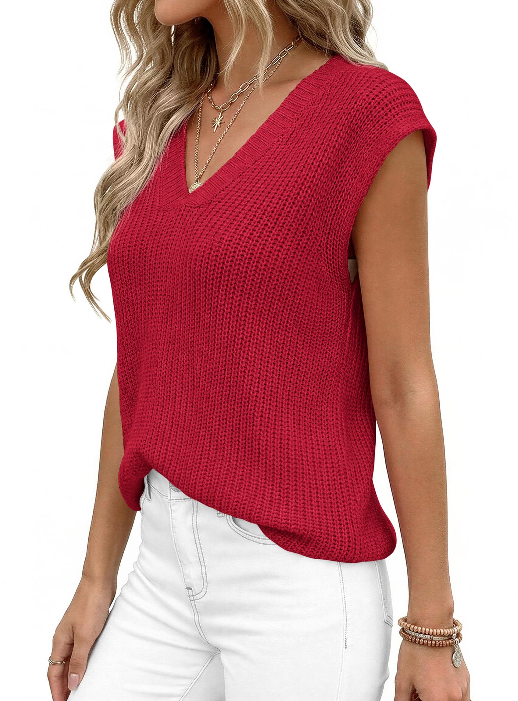 Women's Cap Sleeve Sweaters Vest Summer Tops (Red,S)
