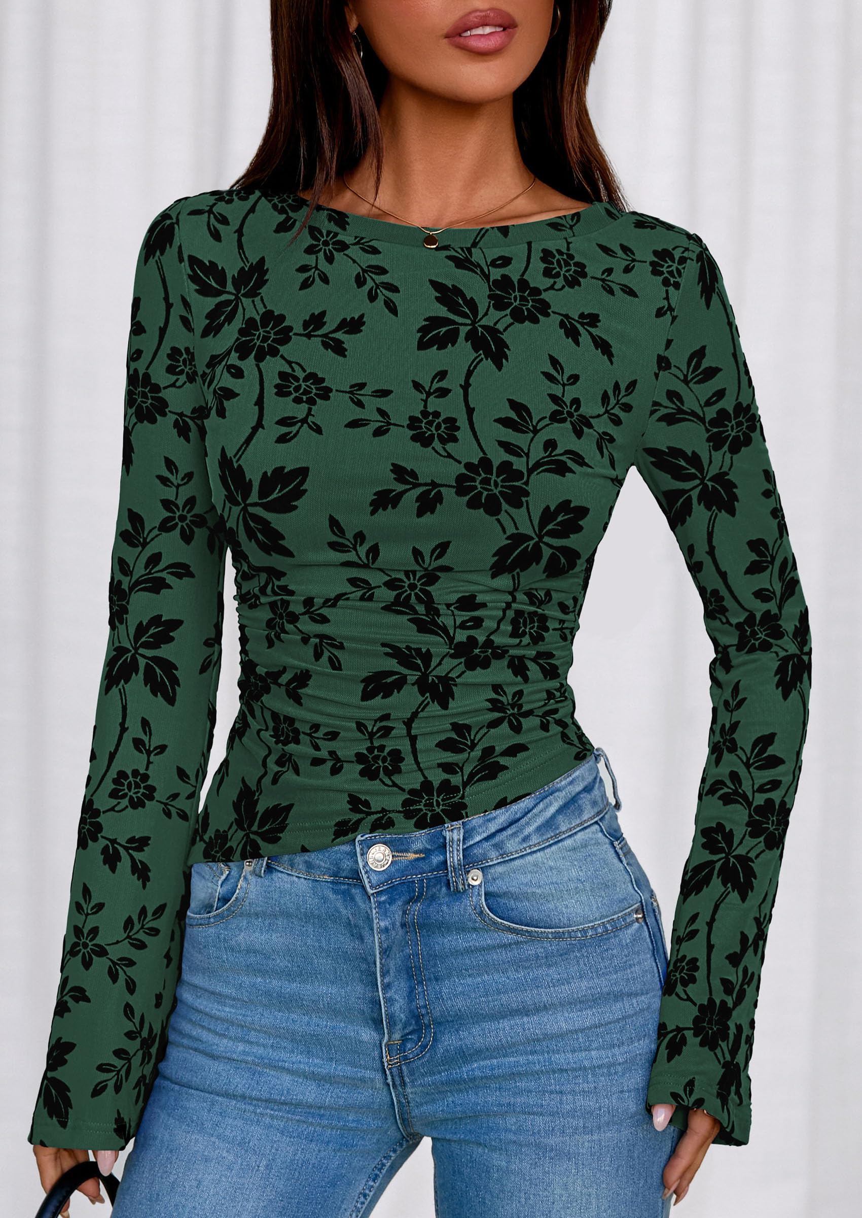 Women's Long Bell Sleeve Y2K Tops Boho Floral Mesh Blouses