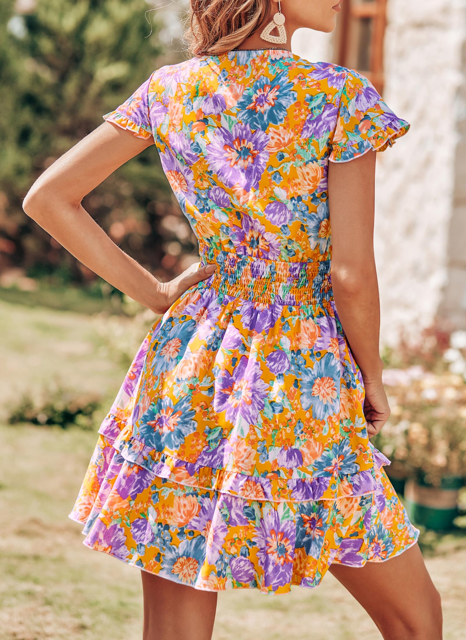 Women's Boho Floral Mini Tiered Bow Dress, Floral Orange,M