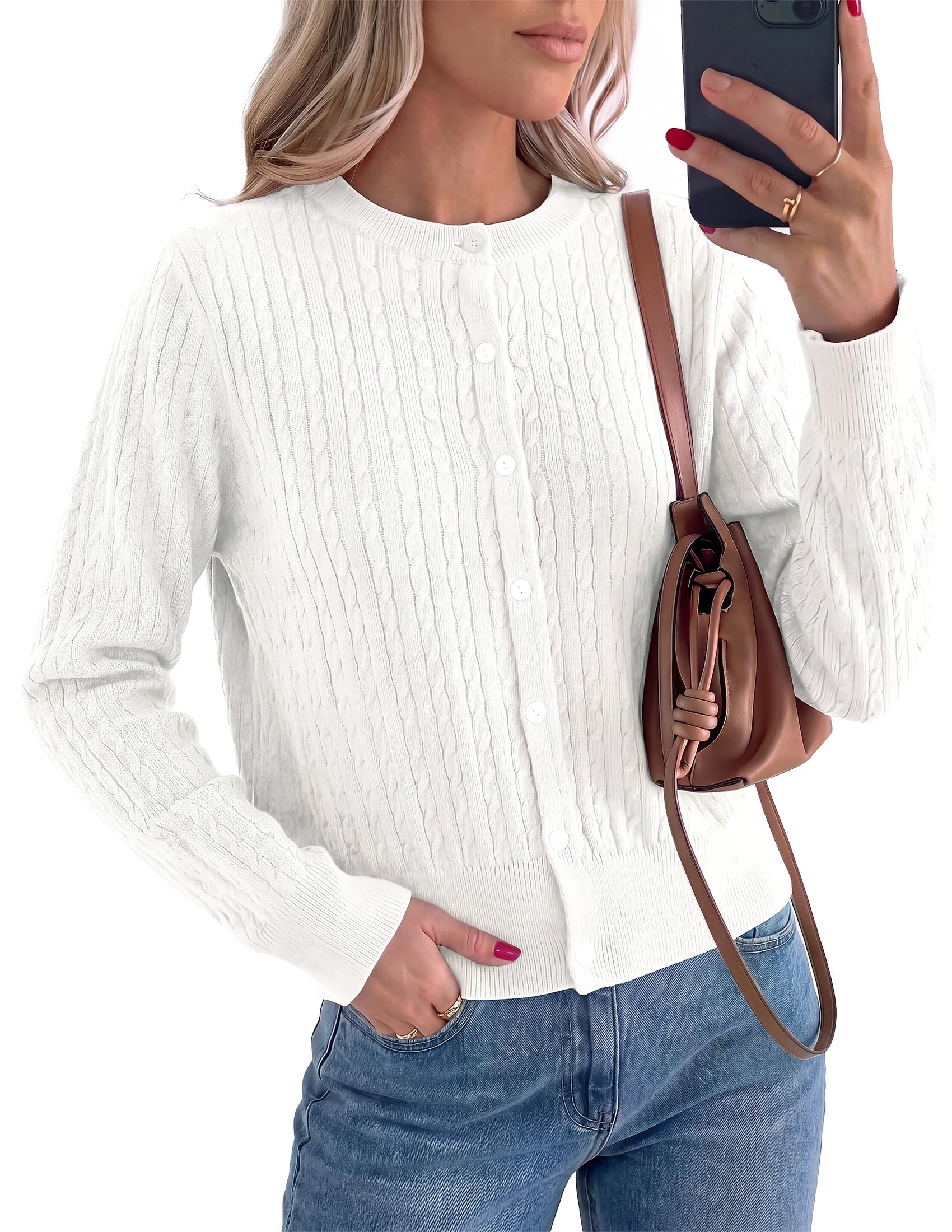 Women Fall Lightweight Cardigans Button Up Cable Knit Sweaters