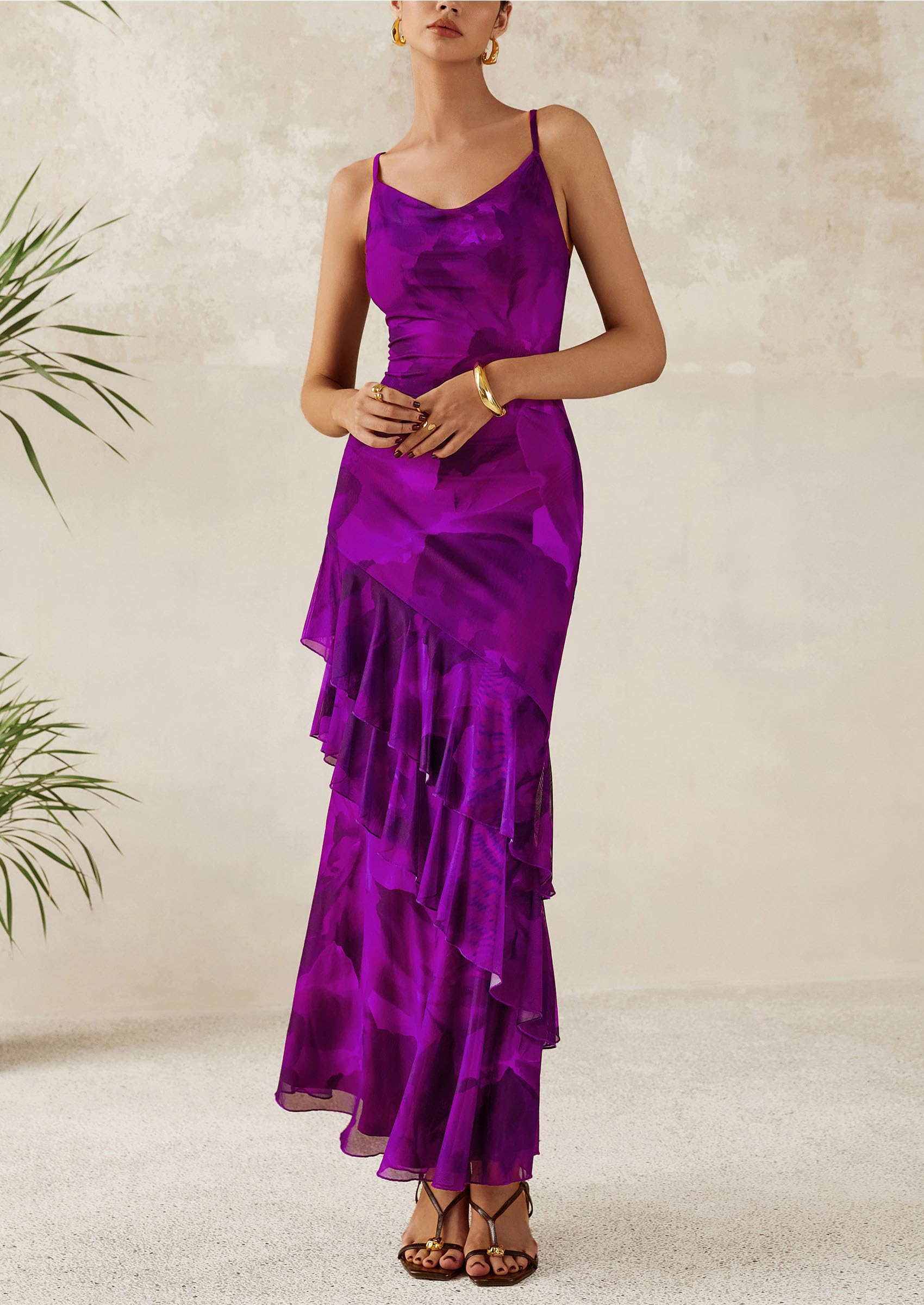 Women's Boho Floral Tiered Maxi Dress, Print Purple,XS