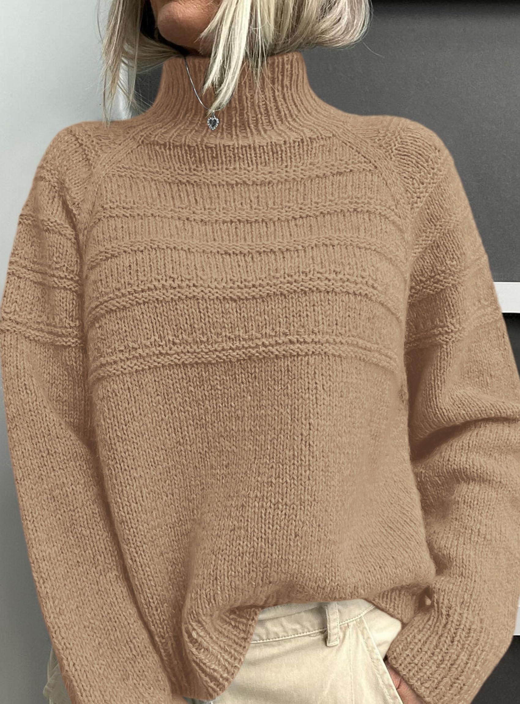 Women's Chunky Knit Mock Neck Pullover Sweaters,Khaki,S