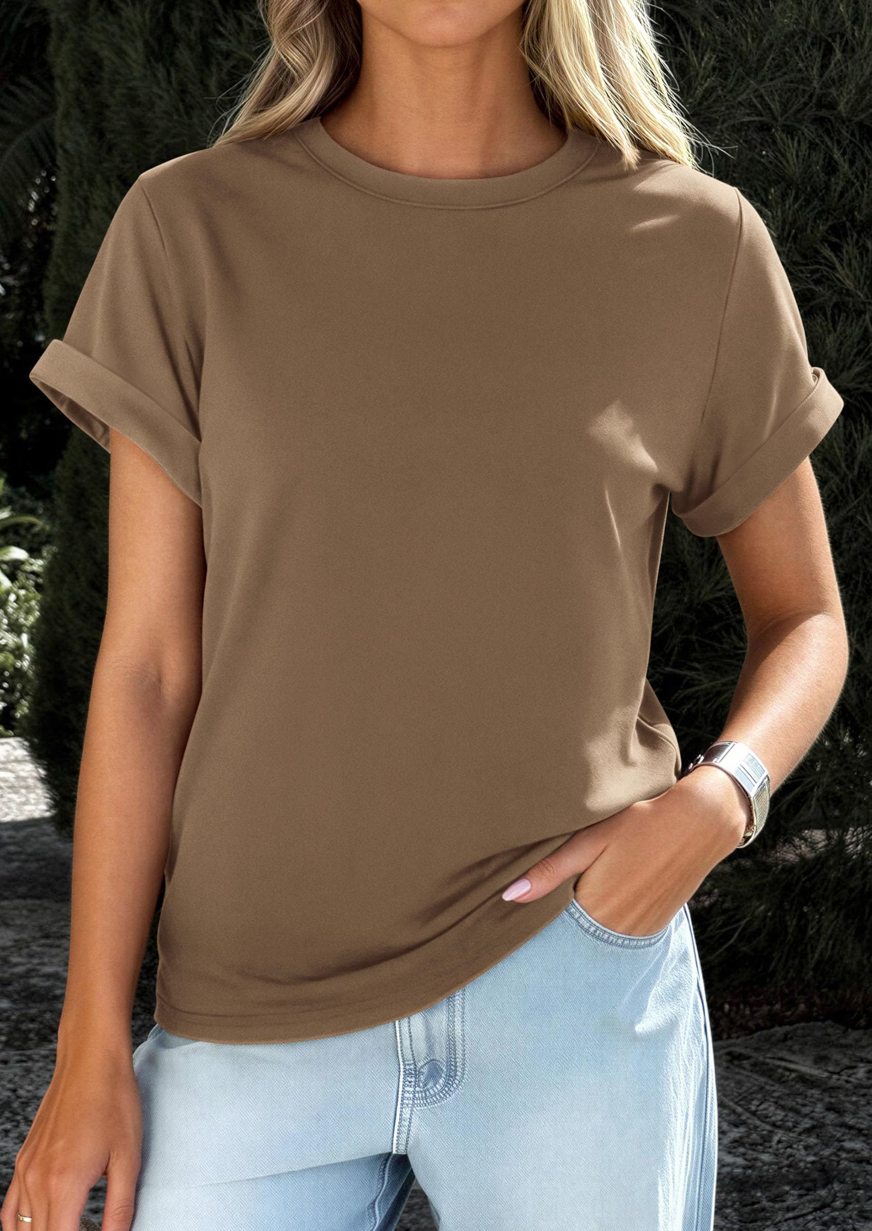Womens Summer Tops Short Sleeve Shirts,Khaki,M