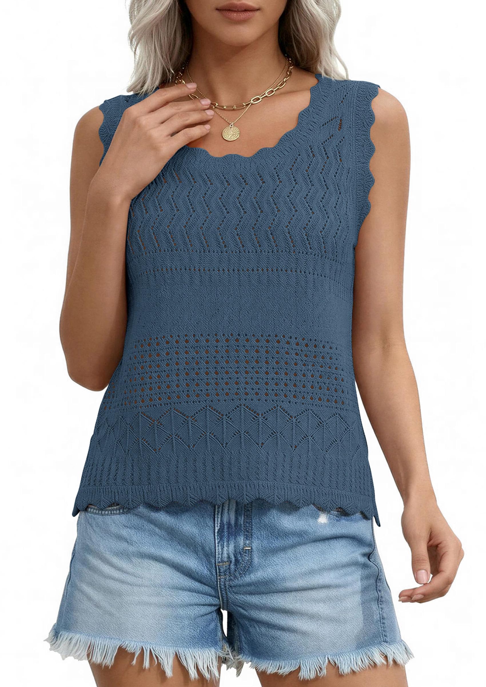Womens Crochet Tank Tops Knit Sleeveless Vest,Grey Blue,S