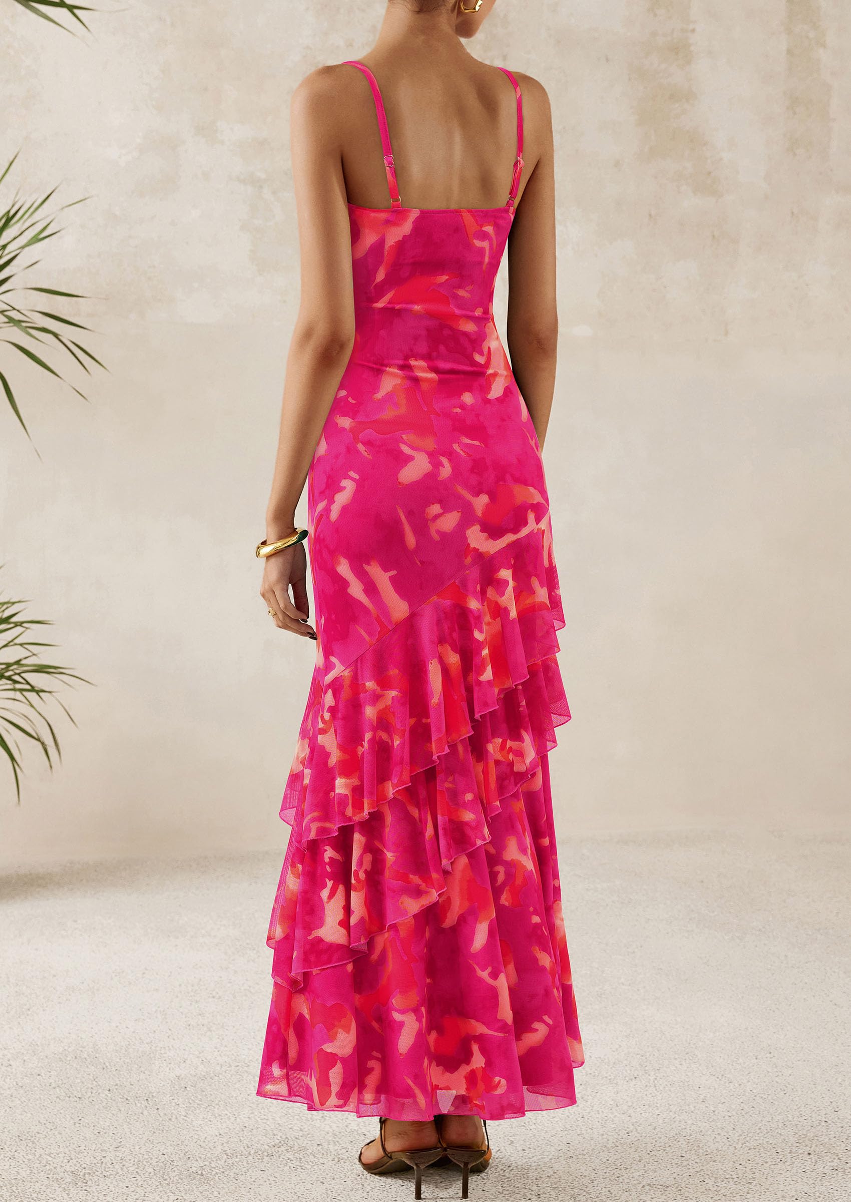 Women's Boho Floral Tiered Maxi Dress, Floral Rose Red,XS