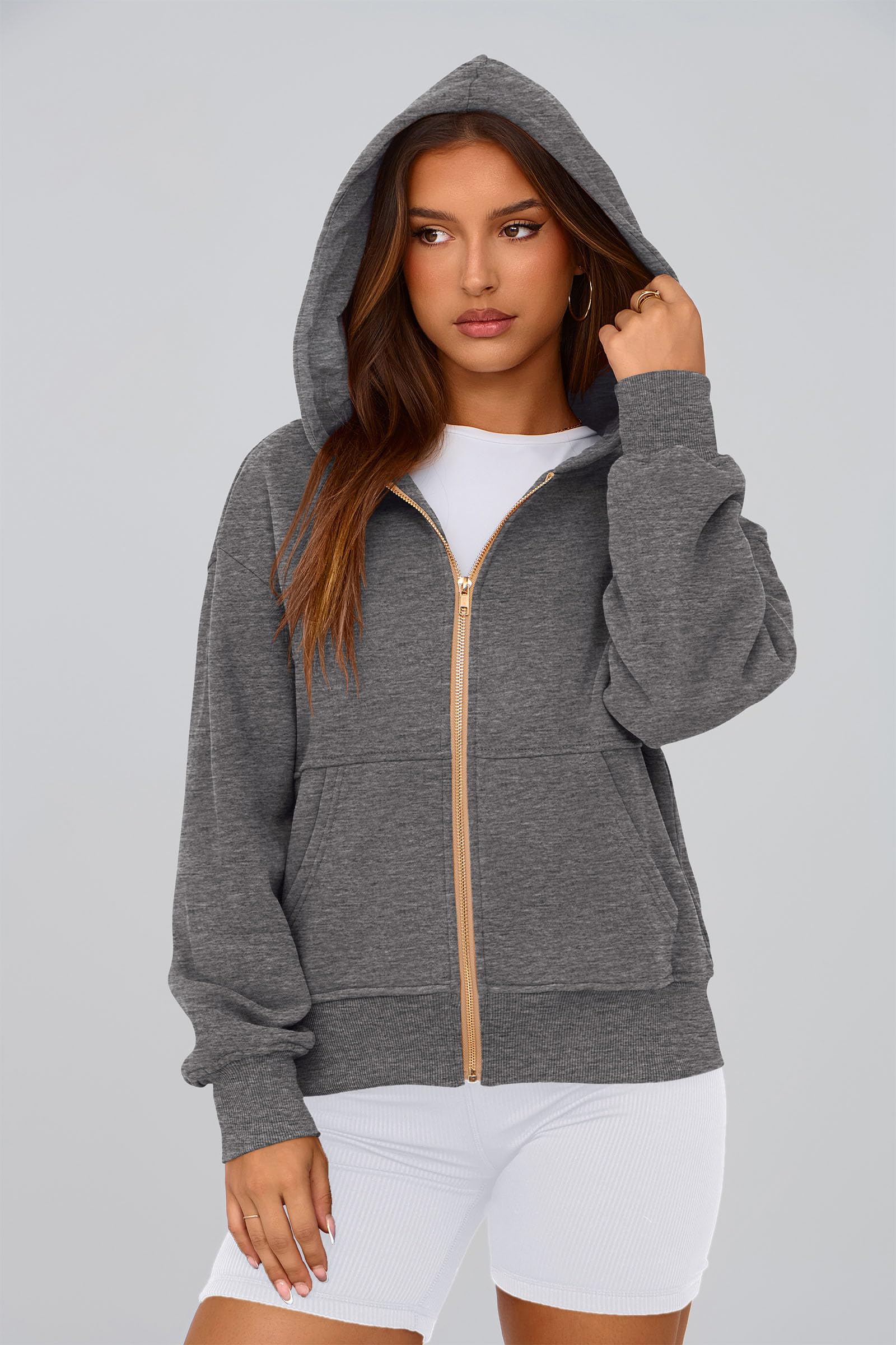 Hoodies for Women Fall Fashion Zip Up Fleece Plain Sweatshirt