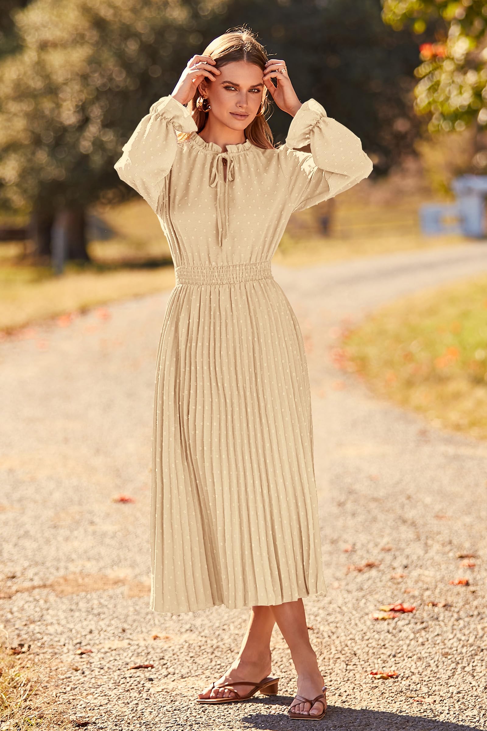 Women's Fall Midi Wedding Guest Dress(Apricot,Small)