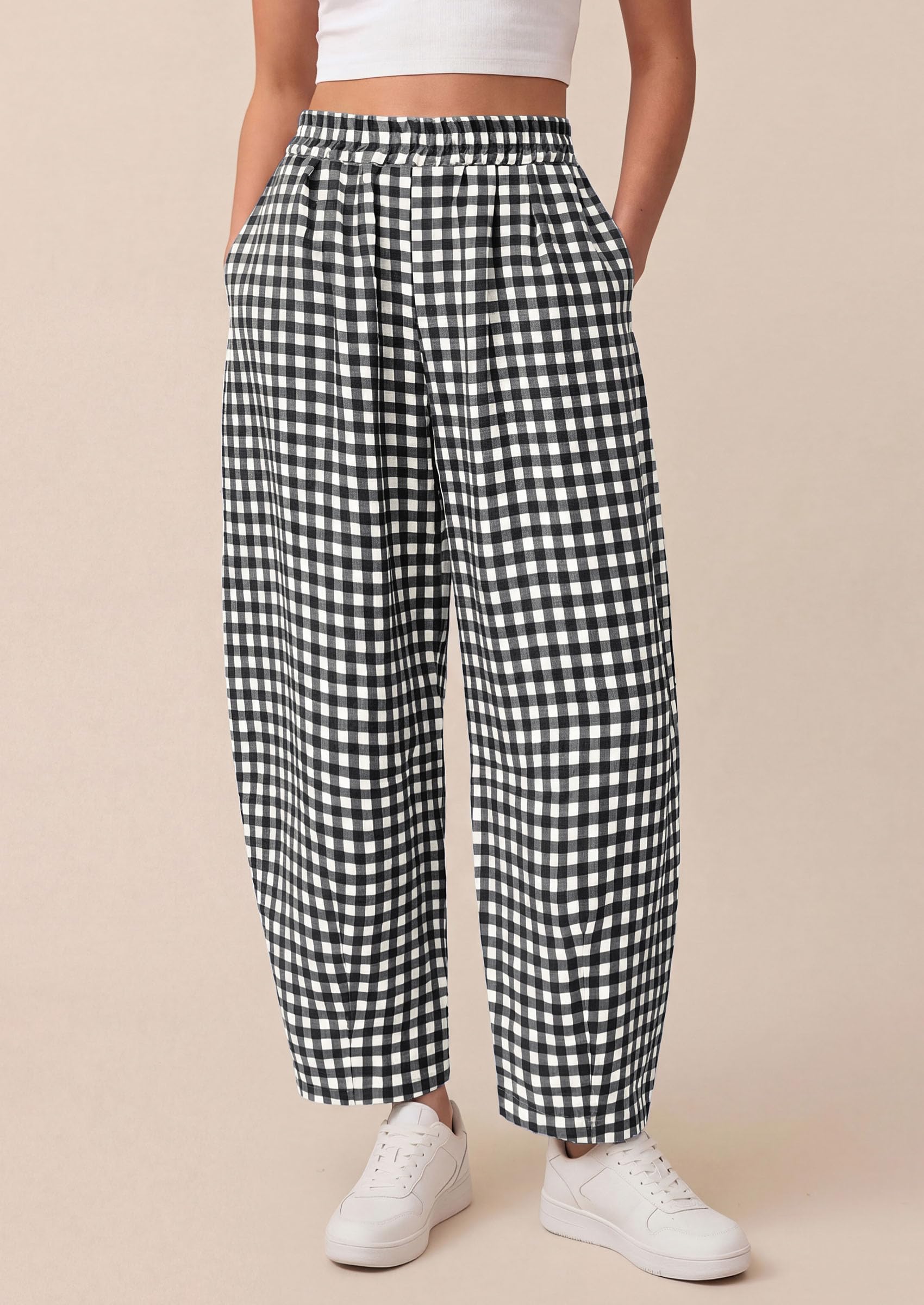 Plaid Barrel Pants Women Summer Bottoms, Black Plaid,L