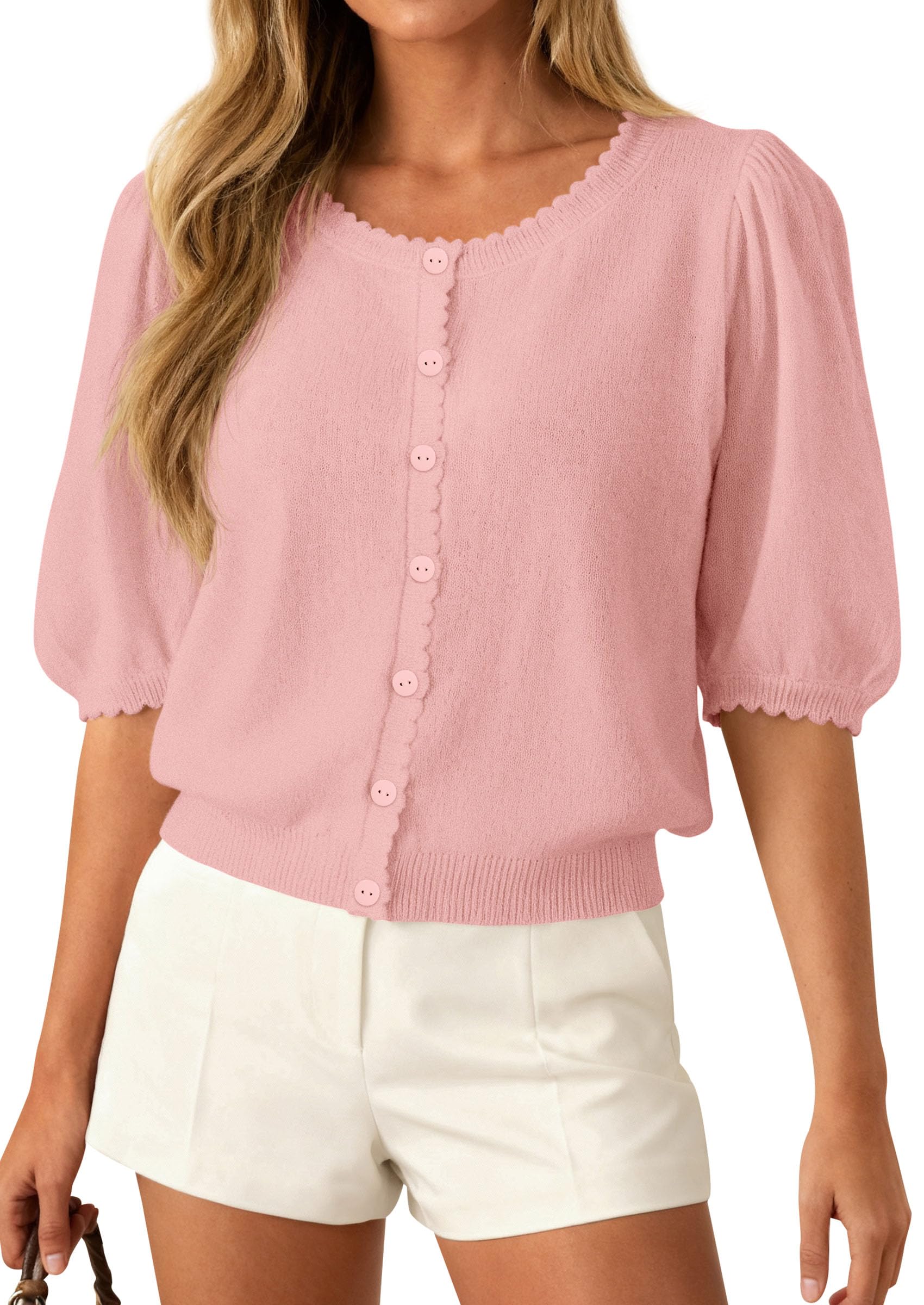 Women Short Sleeve Lightweight Knit Cardigans, Pink,S