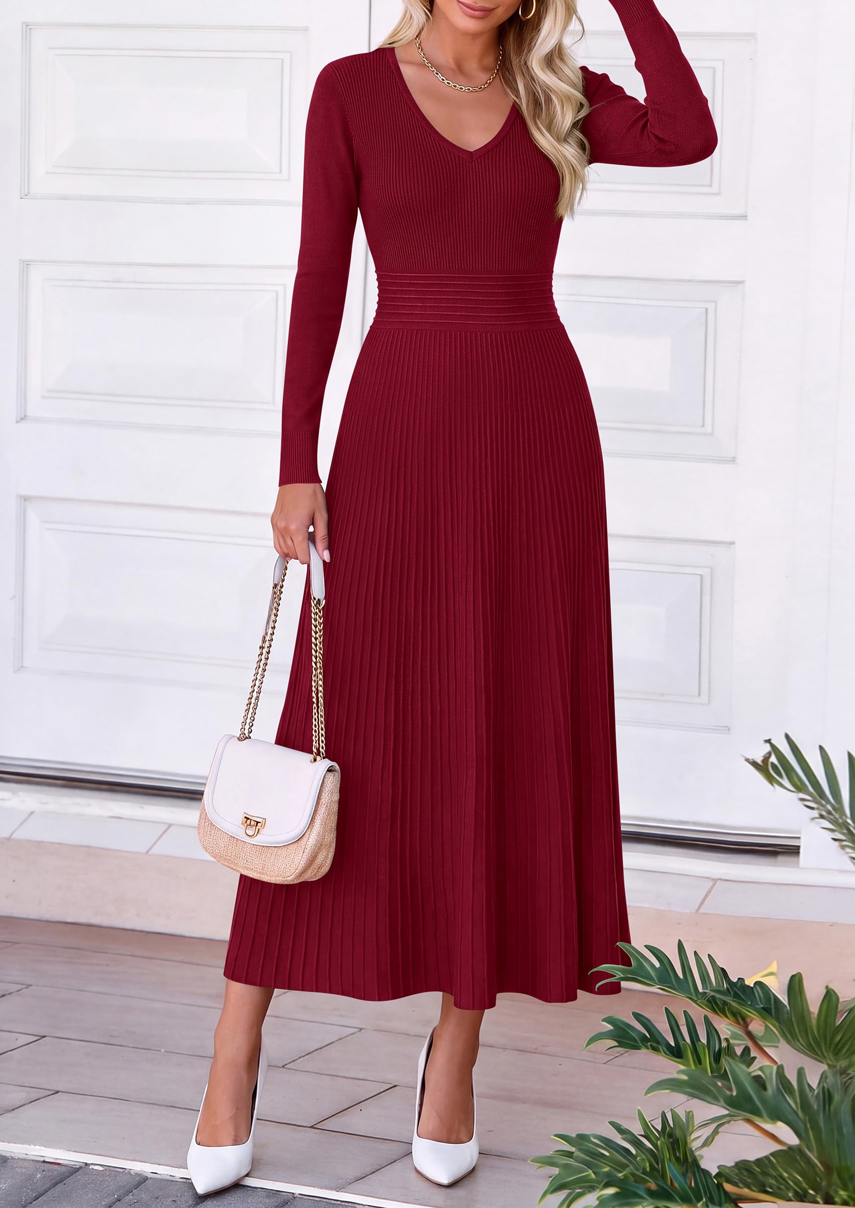 Women's Fall V Neck Pleated Midi Sweater Dress,Wine Red,S