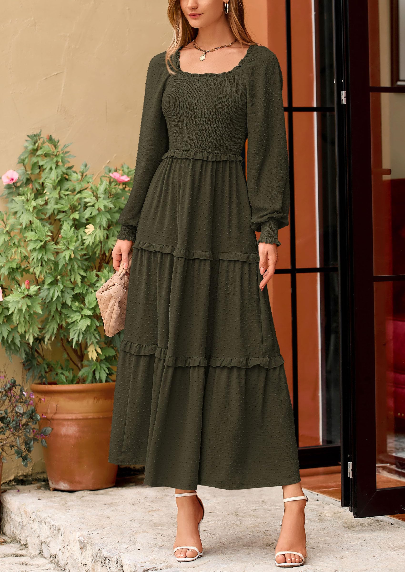 Women's Smocked Long Sleeve Maxi Dress Wedding Guest Dresses