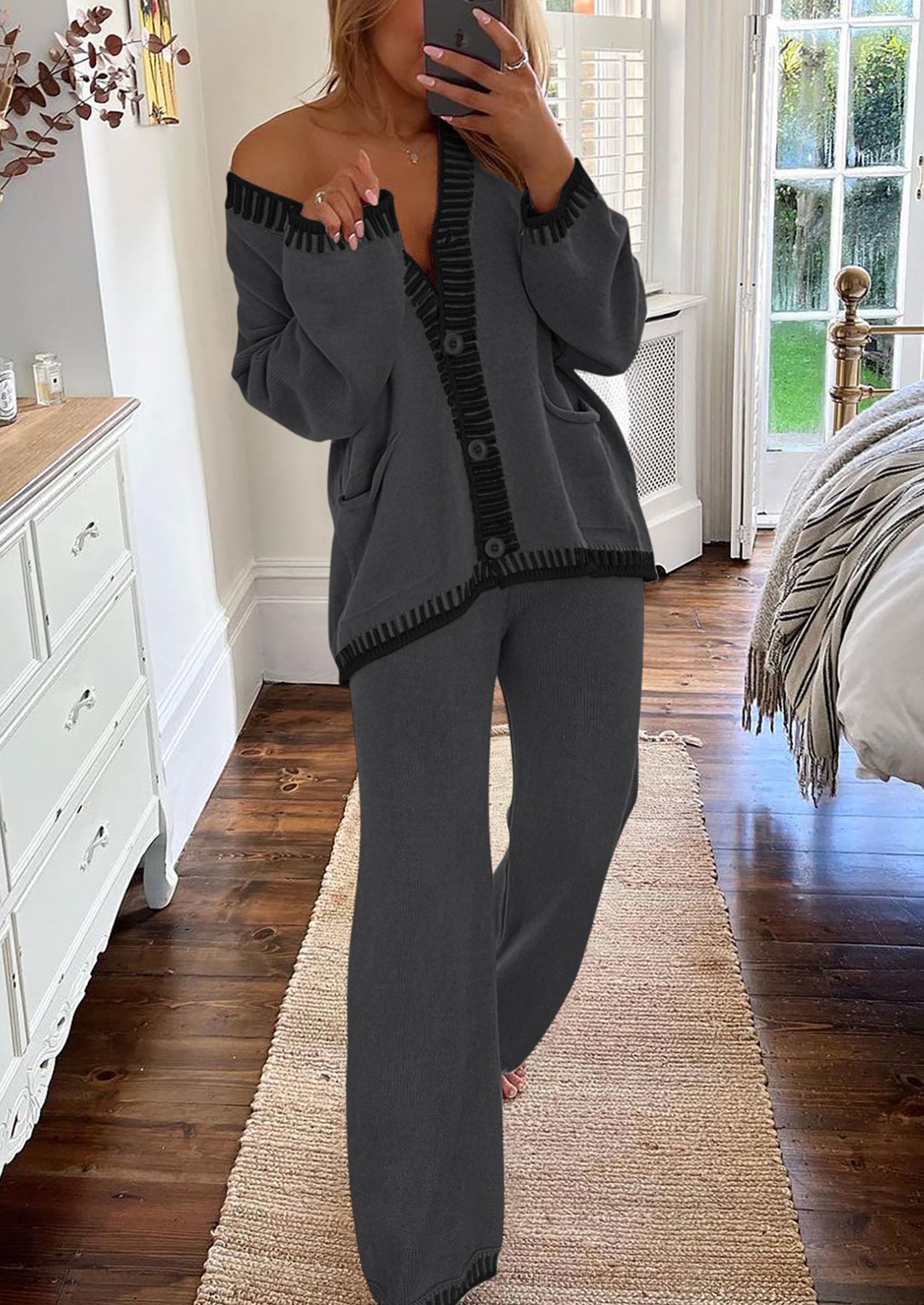Women's Fall 2 Piece Matching Cozy Knit Sweater Lounge Sets