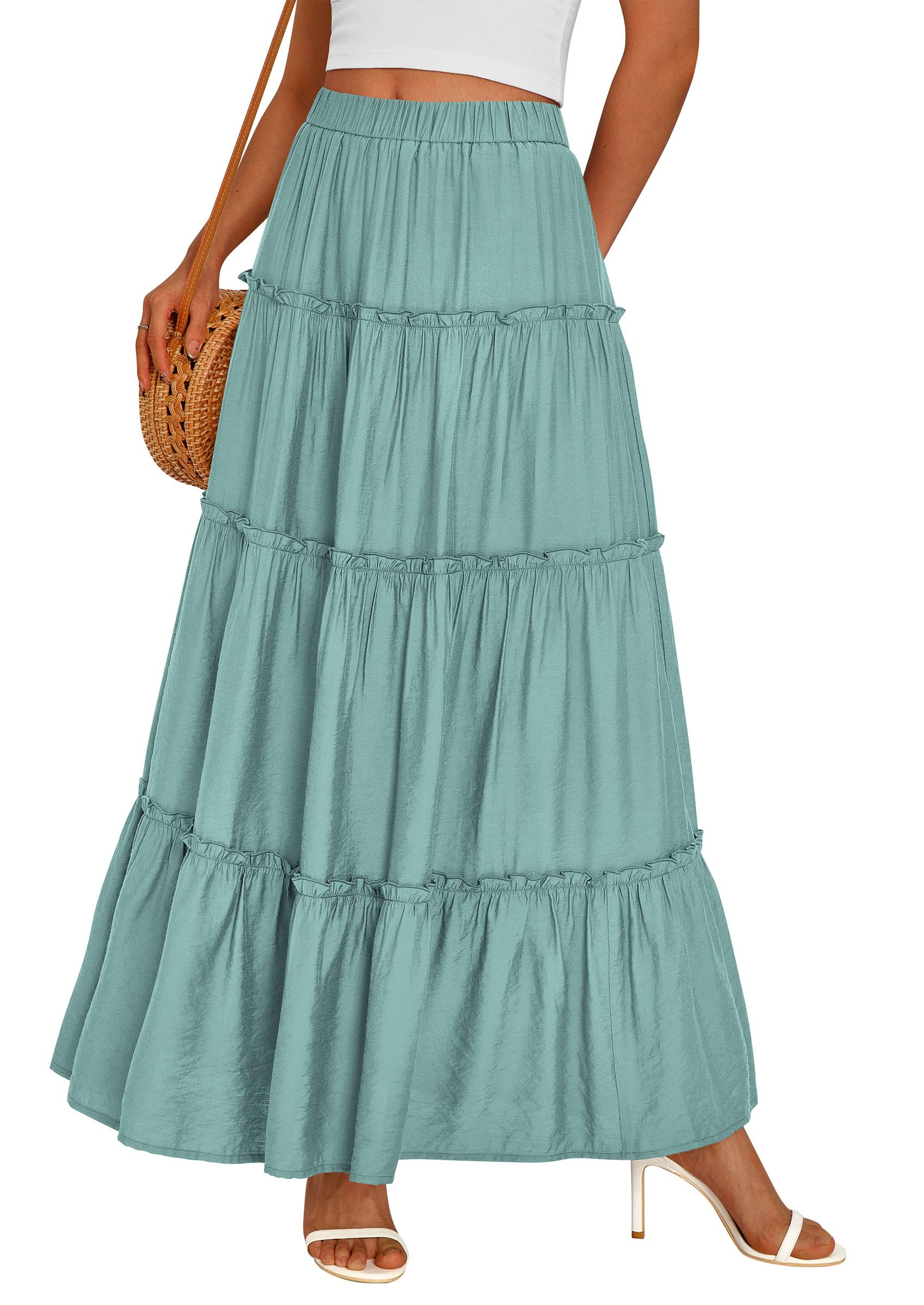 Women's Boho Tiered Ruffle Flowy Maxi Skirt, Blue Green,S