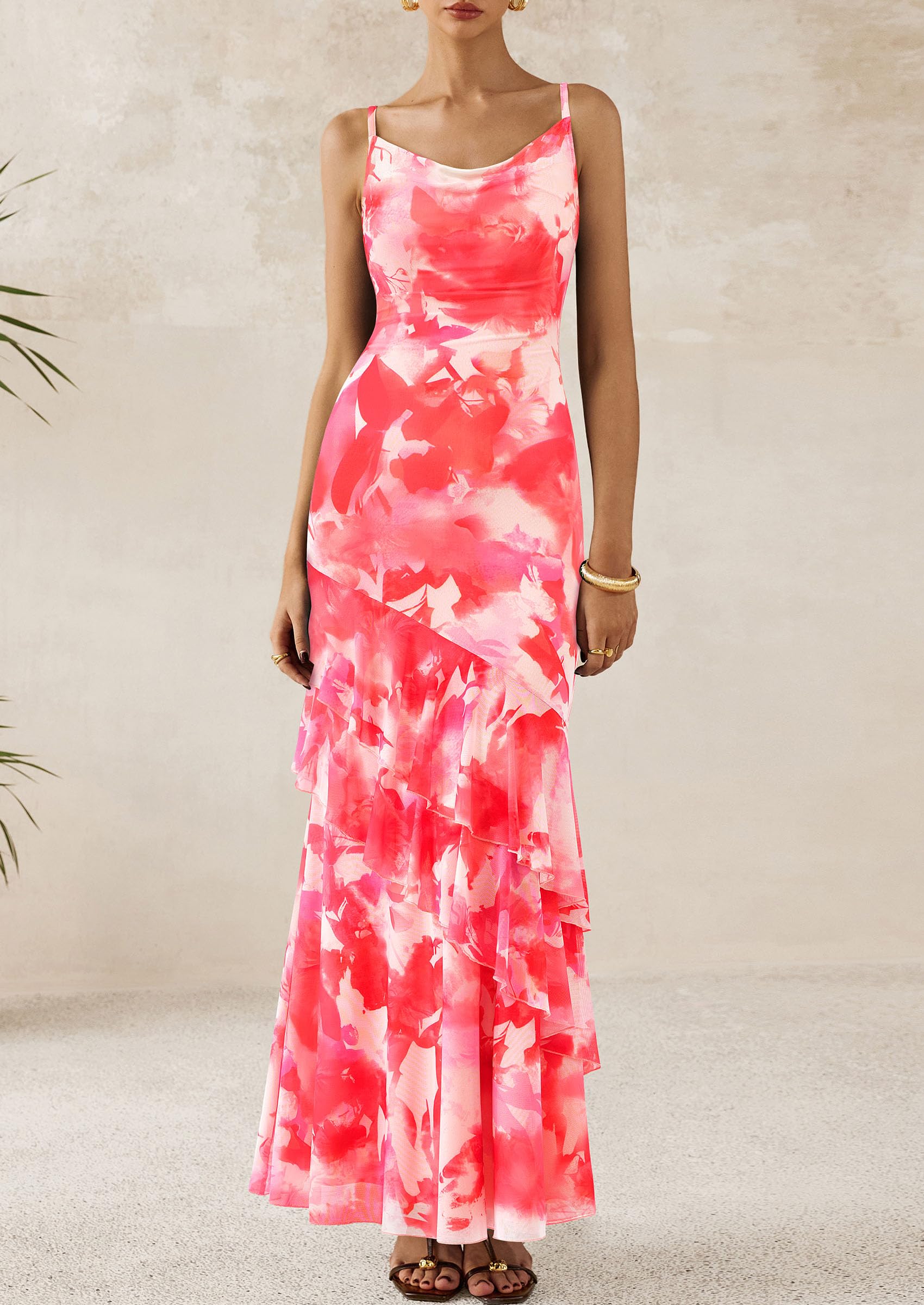 Women's Boho Floral Tiered Maxi Dress, Floral Pink Red,XS