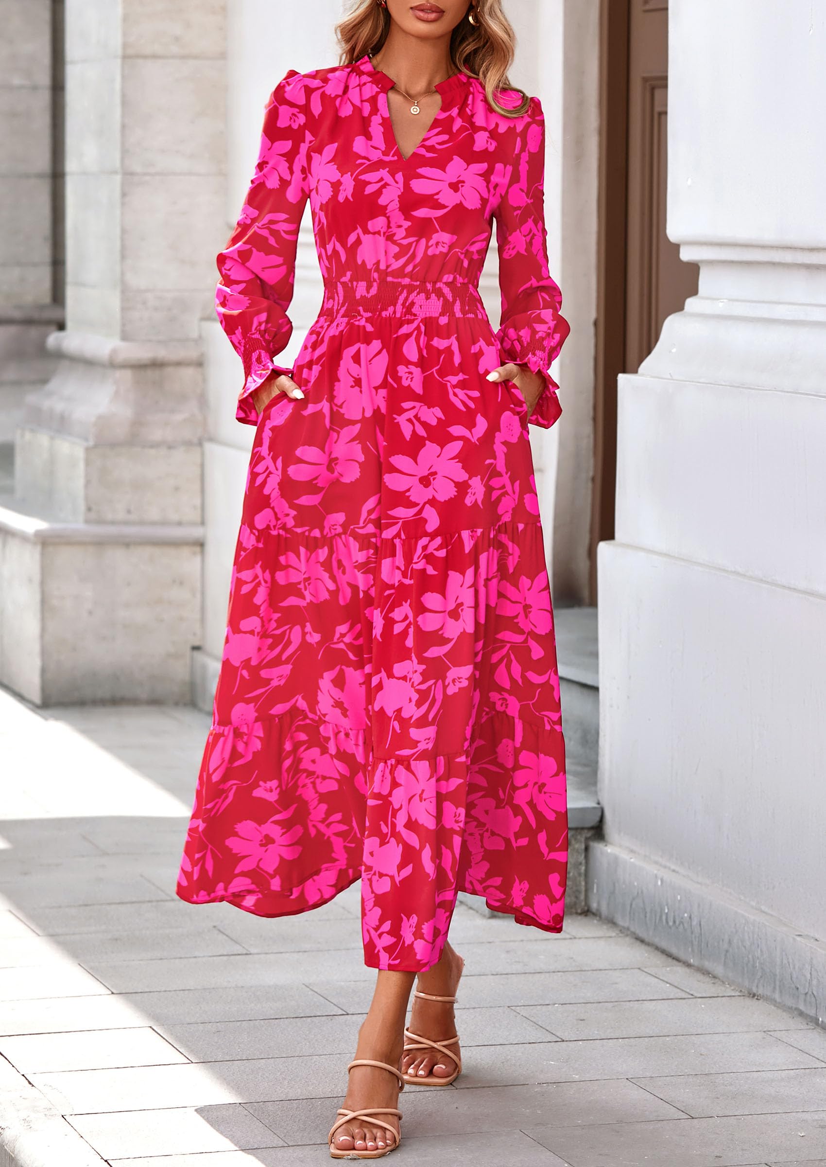 Women's Floral Maxi Dress Fall A Line Wedding Guest Dresses