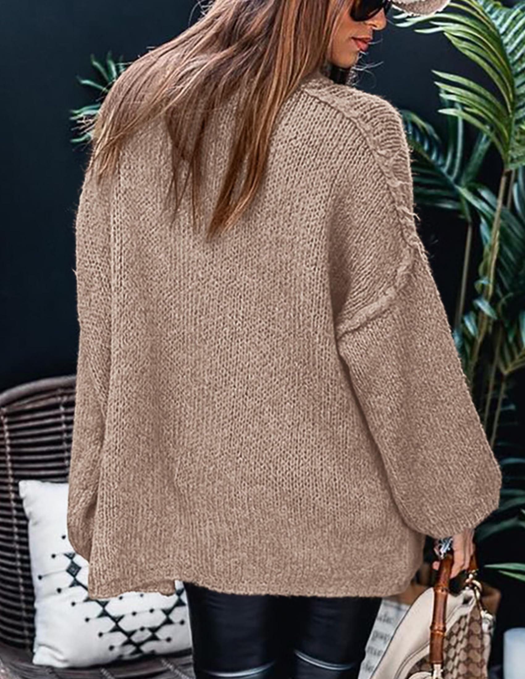 Womens Turtleneck Long Sleeve Oversized Sweaters,Khaki,L
