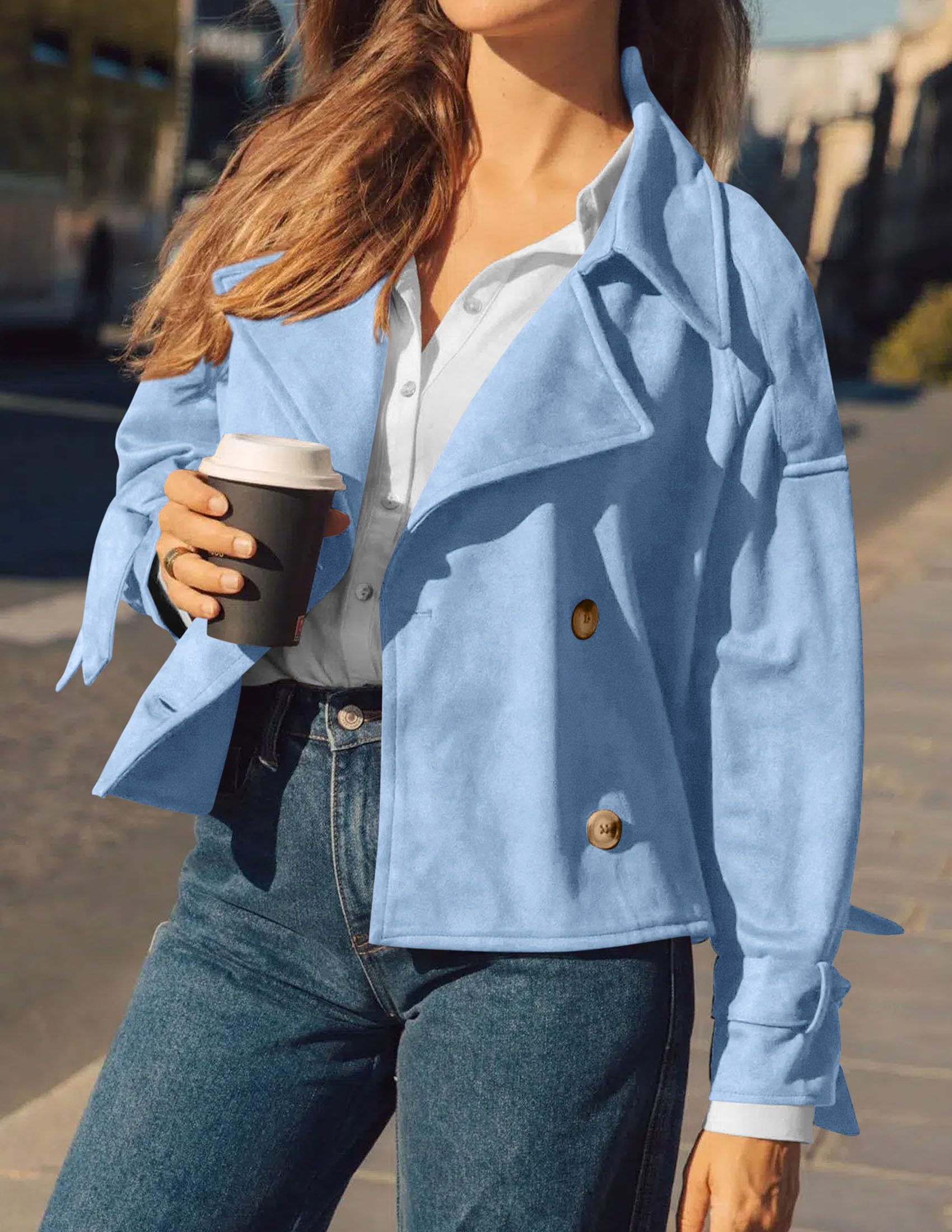 Women Faux Suede Double Breasted Trench Coat Cropped Jackets
