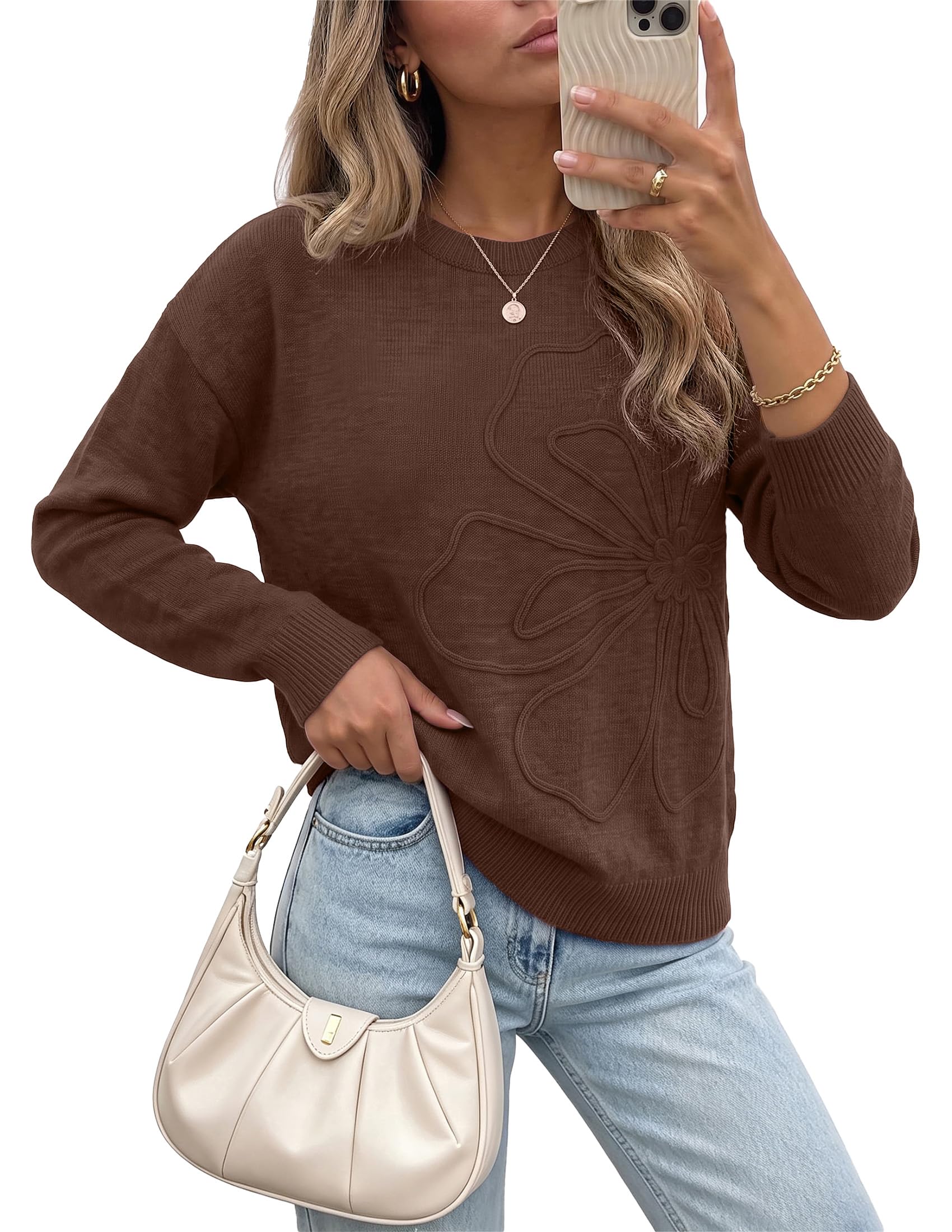 Sweaters for Women Fall Fashion Embroidered Floral Knit Tops