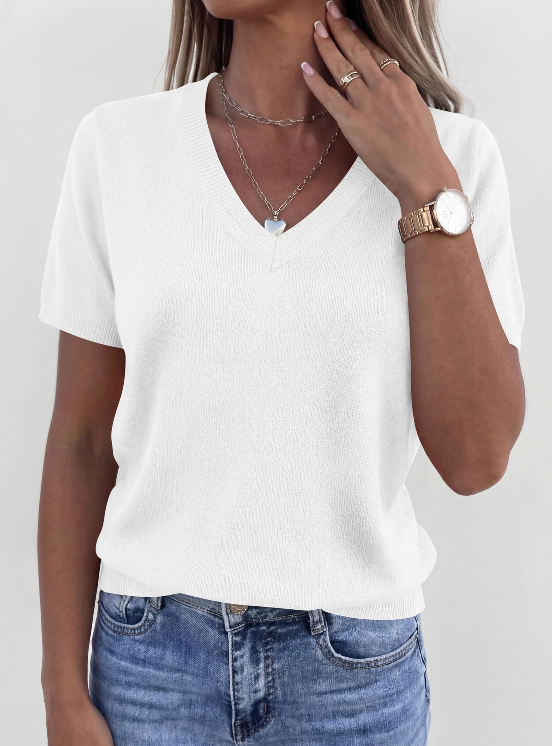 Womens Short Sleeve Sweater V Neck Tops,White,S