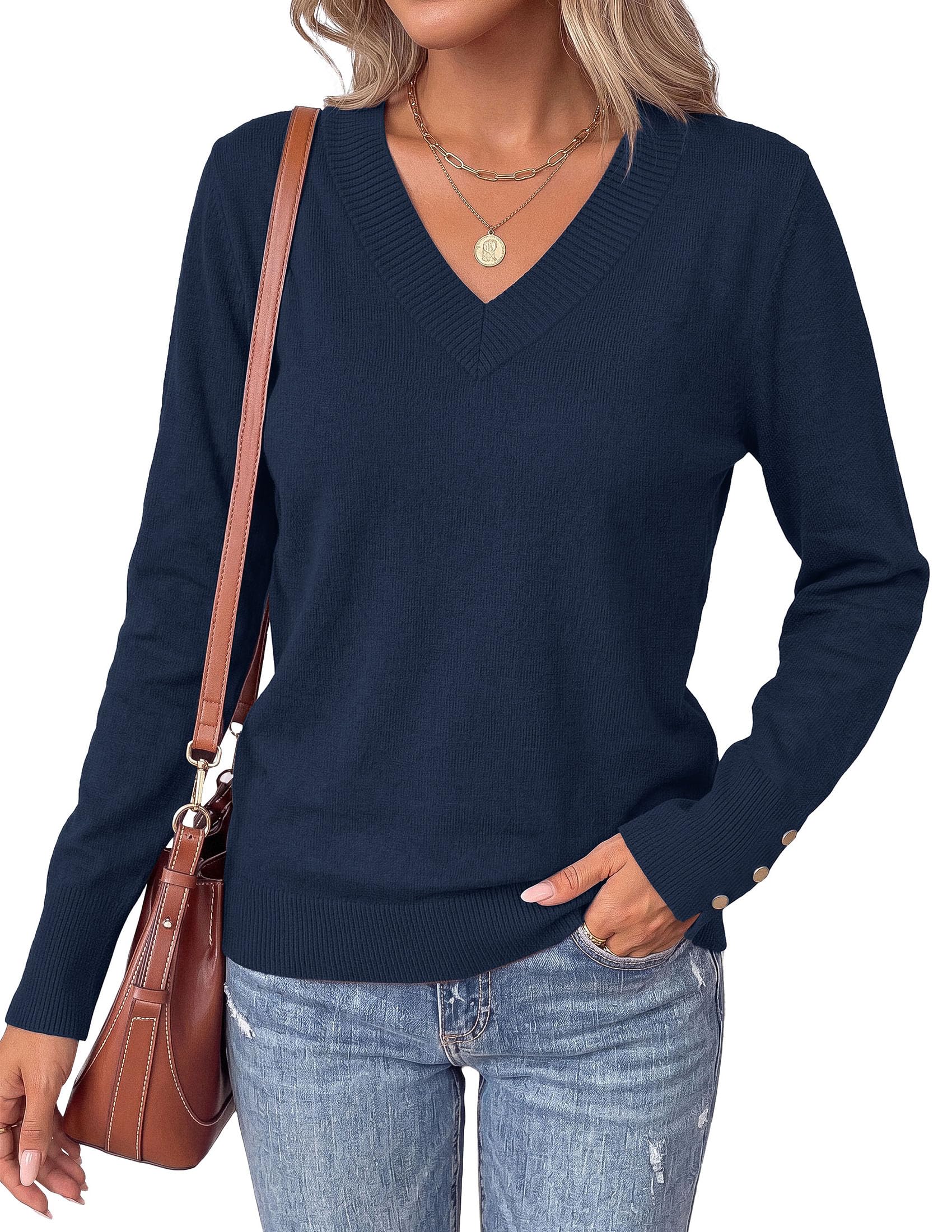 Fall Sweaters for Women V Neck Lightweight Pullover Top Navy