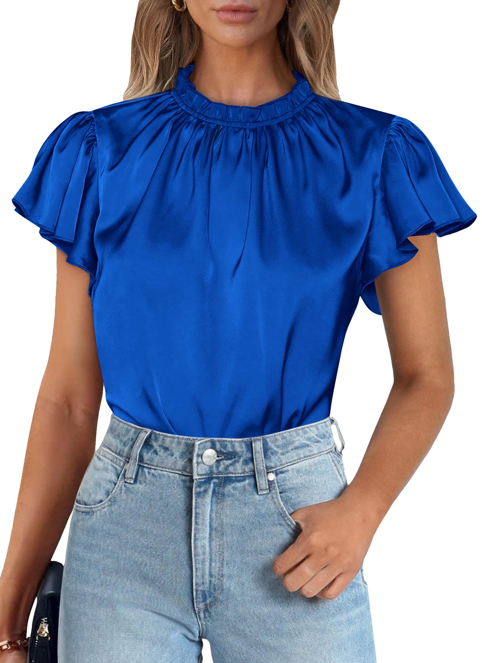 Women's Satin Tops Business Casual Work Blouses, Royal Blue,S