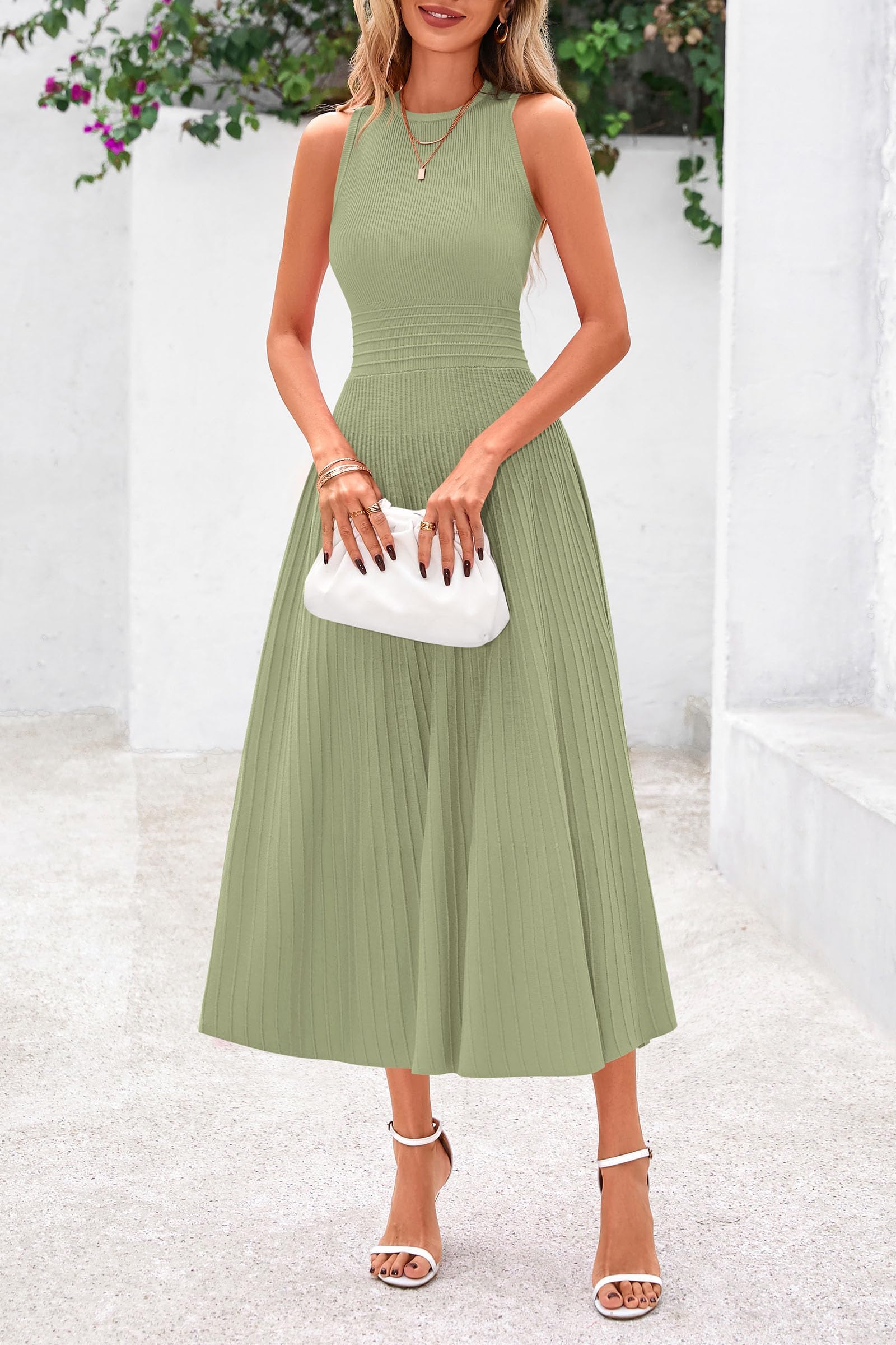 Women's Summer Pleated Midi Work Dress,Mist Green,S